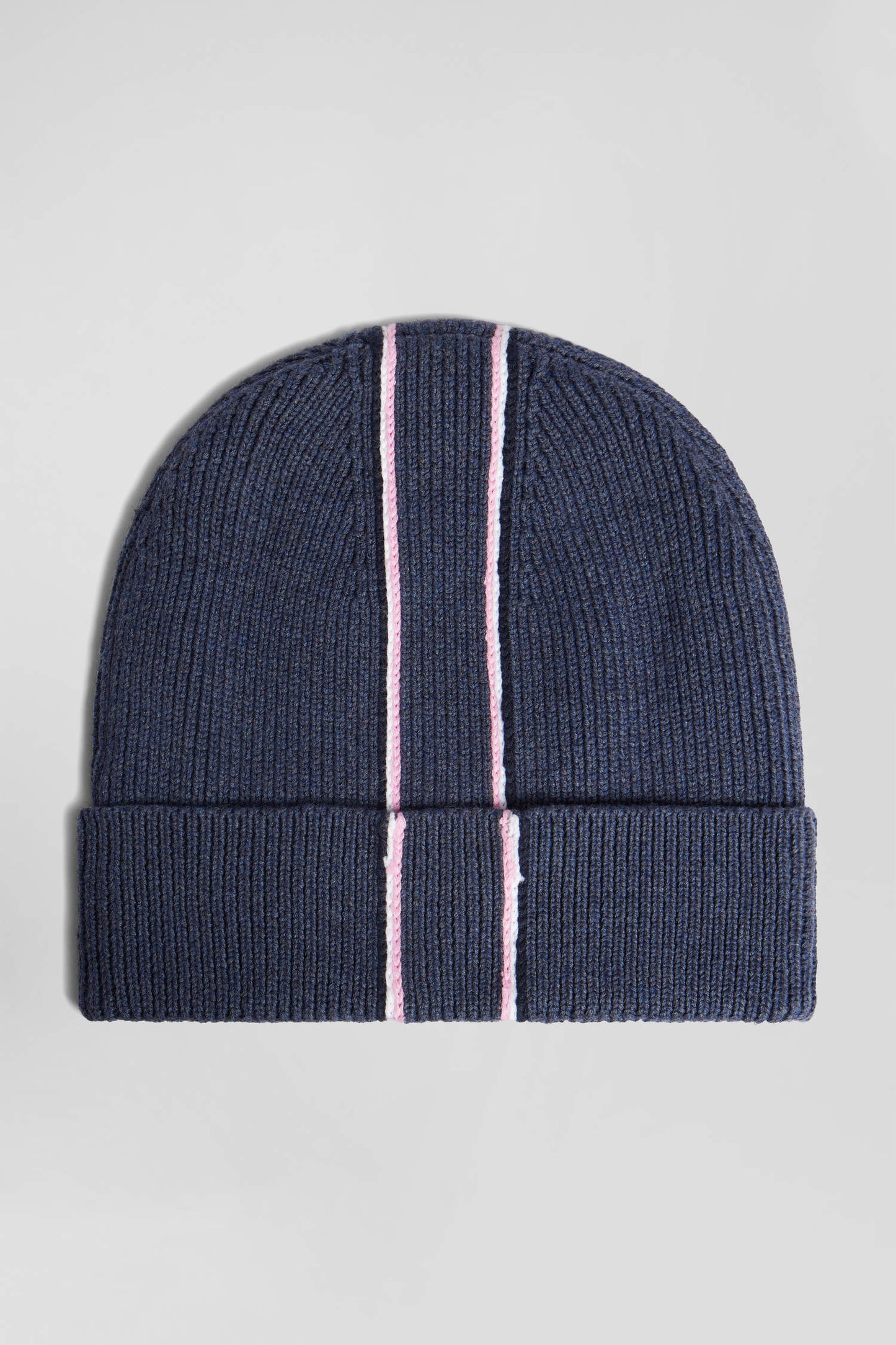 Navy blue cotton beanie with pink and white stripes
