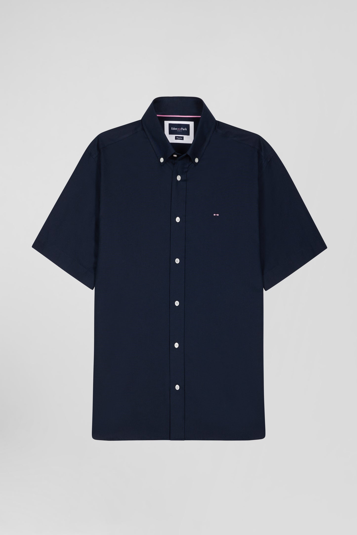 Regular navy blue cotton short-sleeved shirt with back embroidery