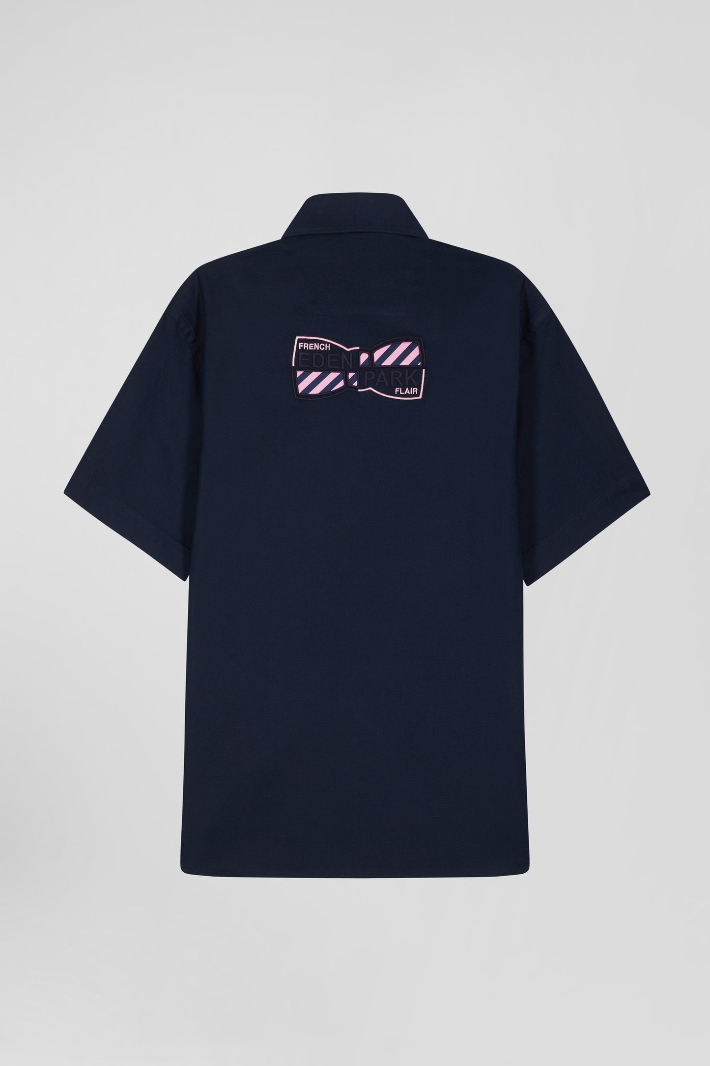 Regular navy blue cotton short-sleeved shirt with back embroidery