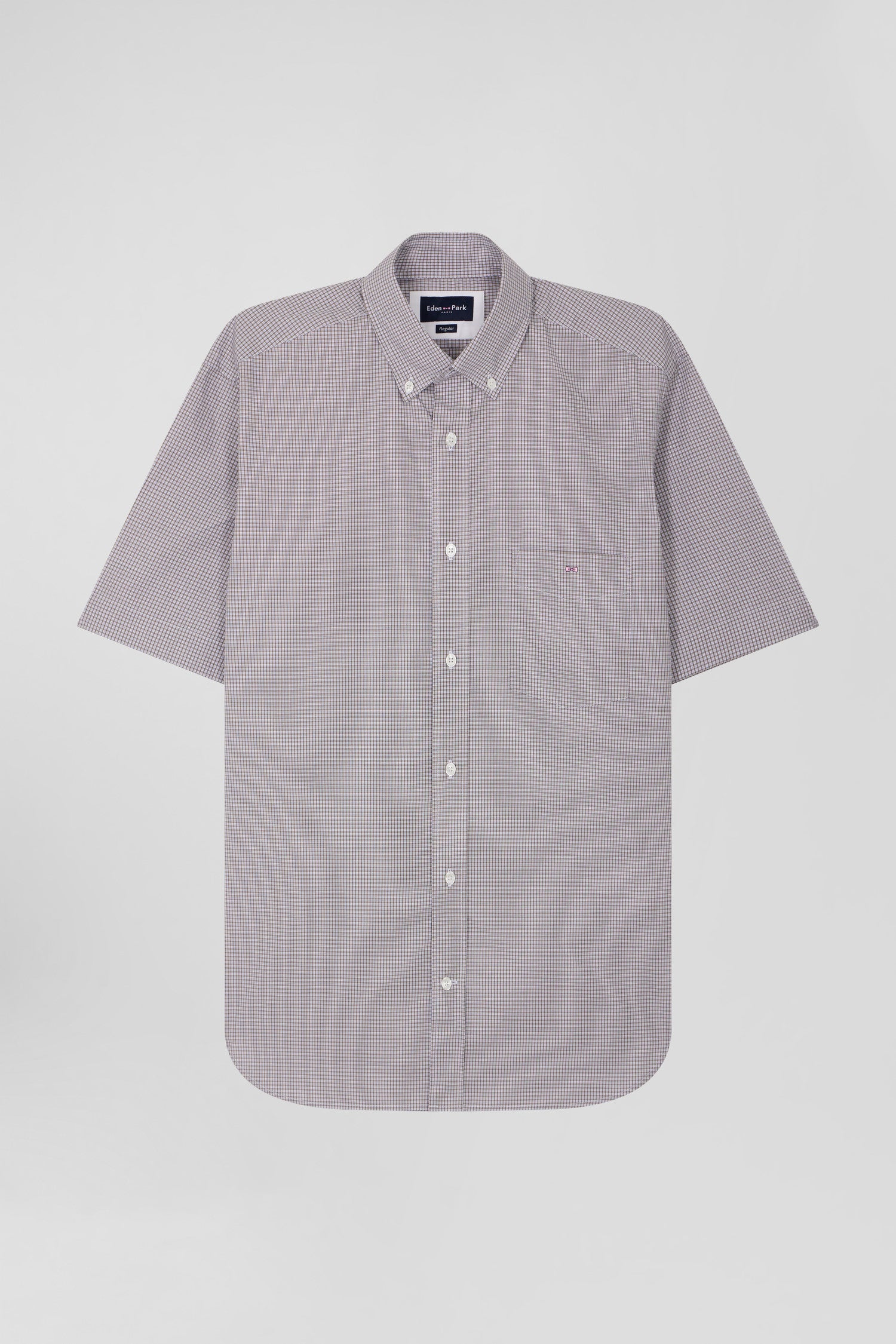 Regular greige cotton short-sleeved shirt with micro checks