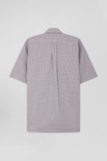 Regular greige cotton short-sleeved shirt with micro checks