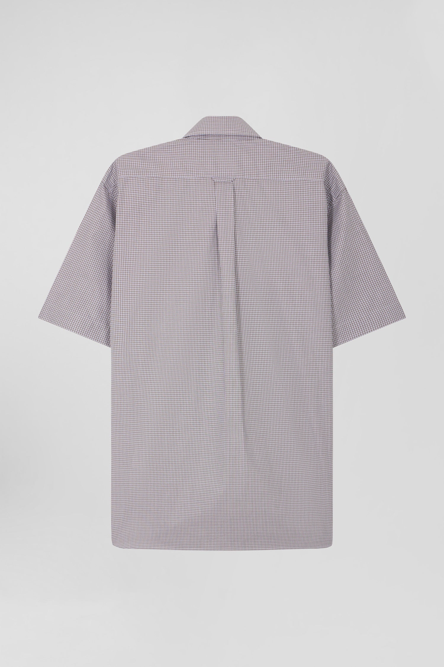 Regular greige cotton short-sleeved shirt with micro checks