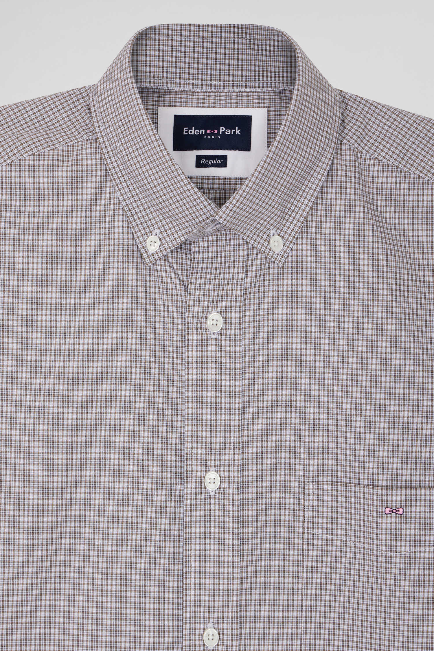 Regular greige cotton short-sleeved shirt with micro checks