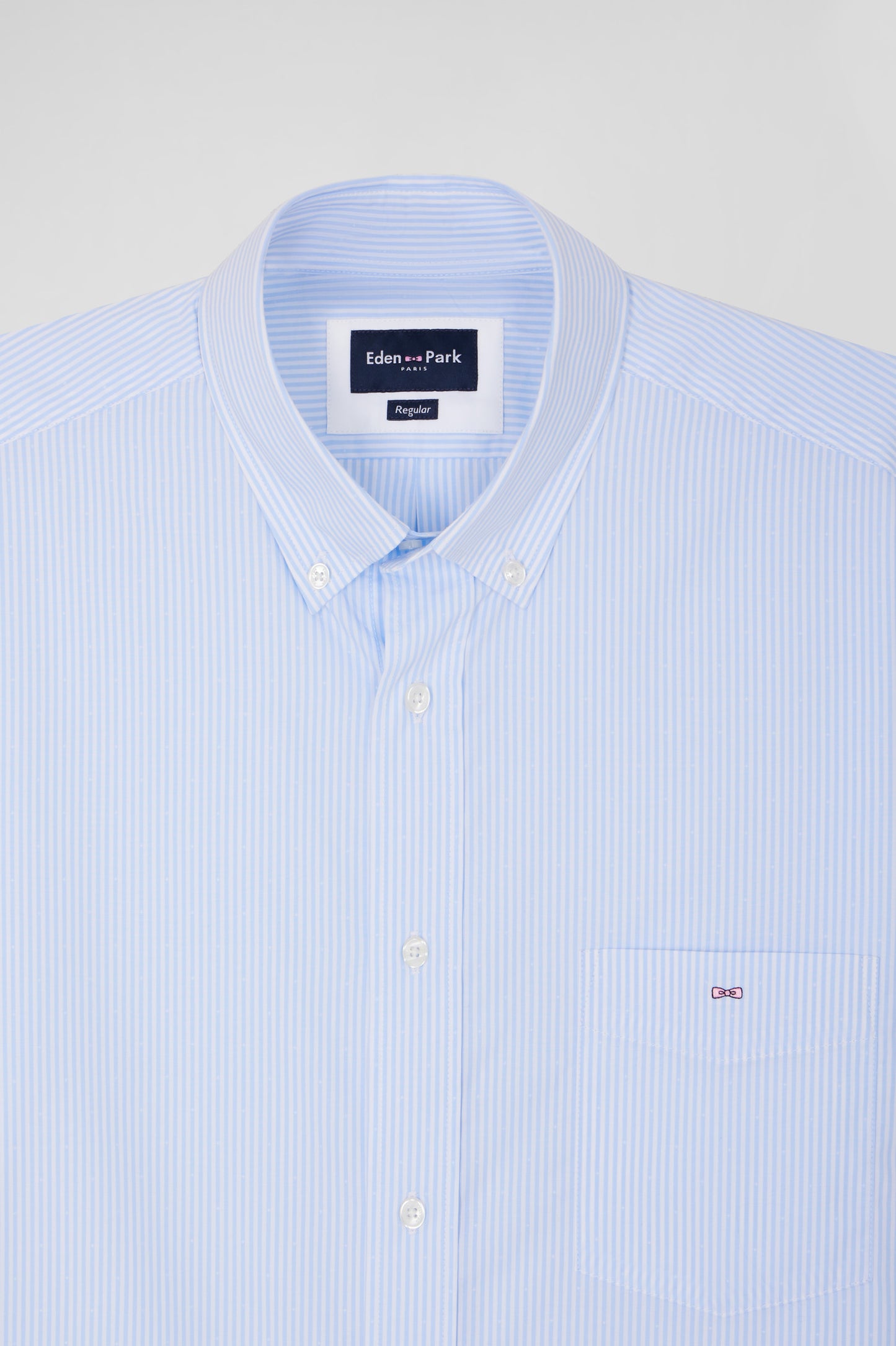 Regular sky blue and white striped cotton short-sleeved shirt