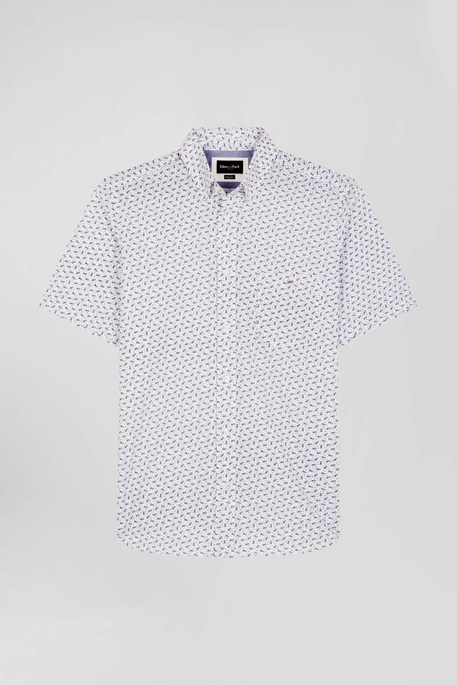 Regular ecru cotton short-sleeved shirt with microprint