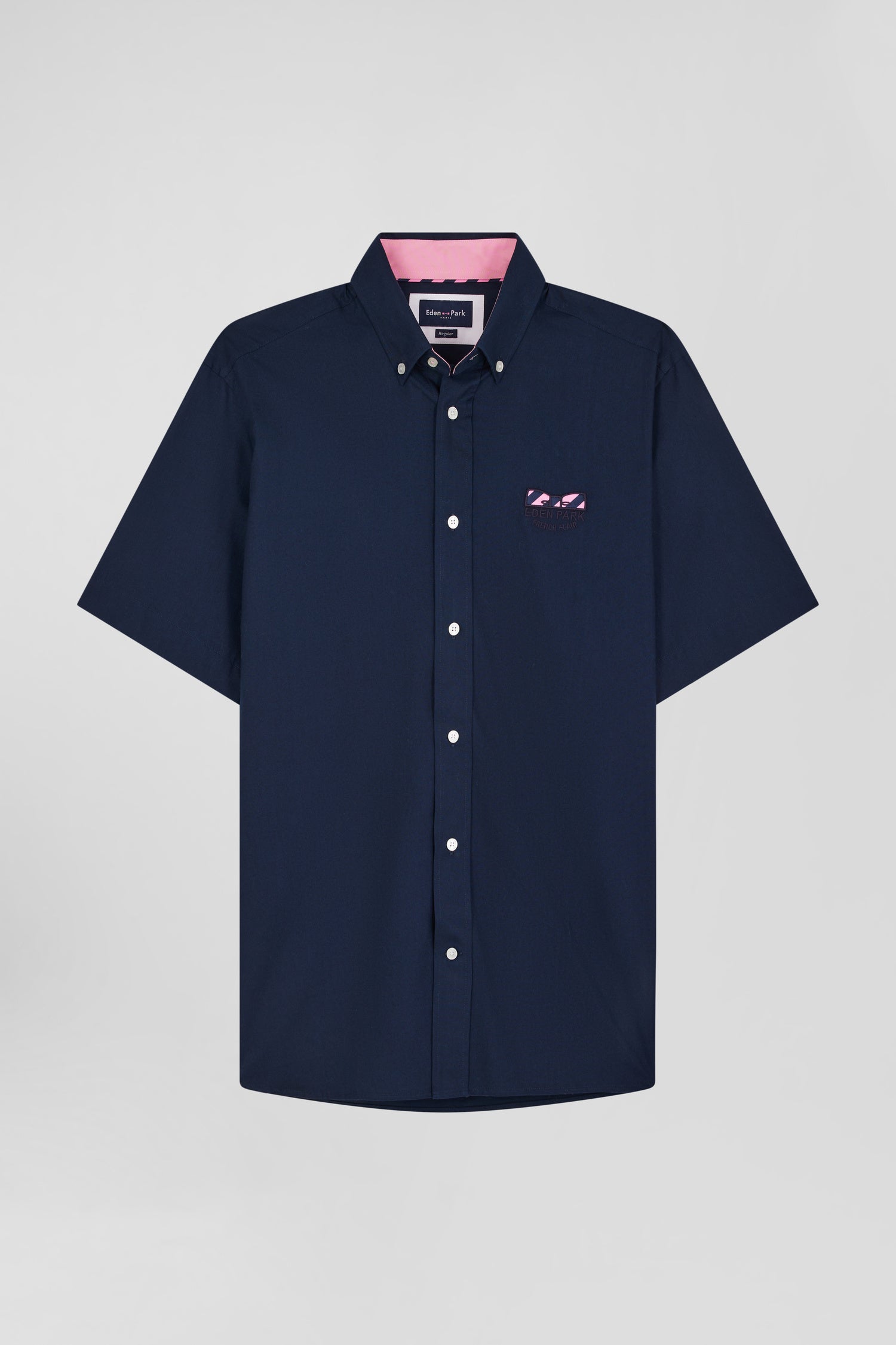 Regular navy blue cotton poplin short-sleeved shirt with microprint