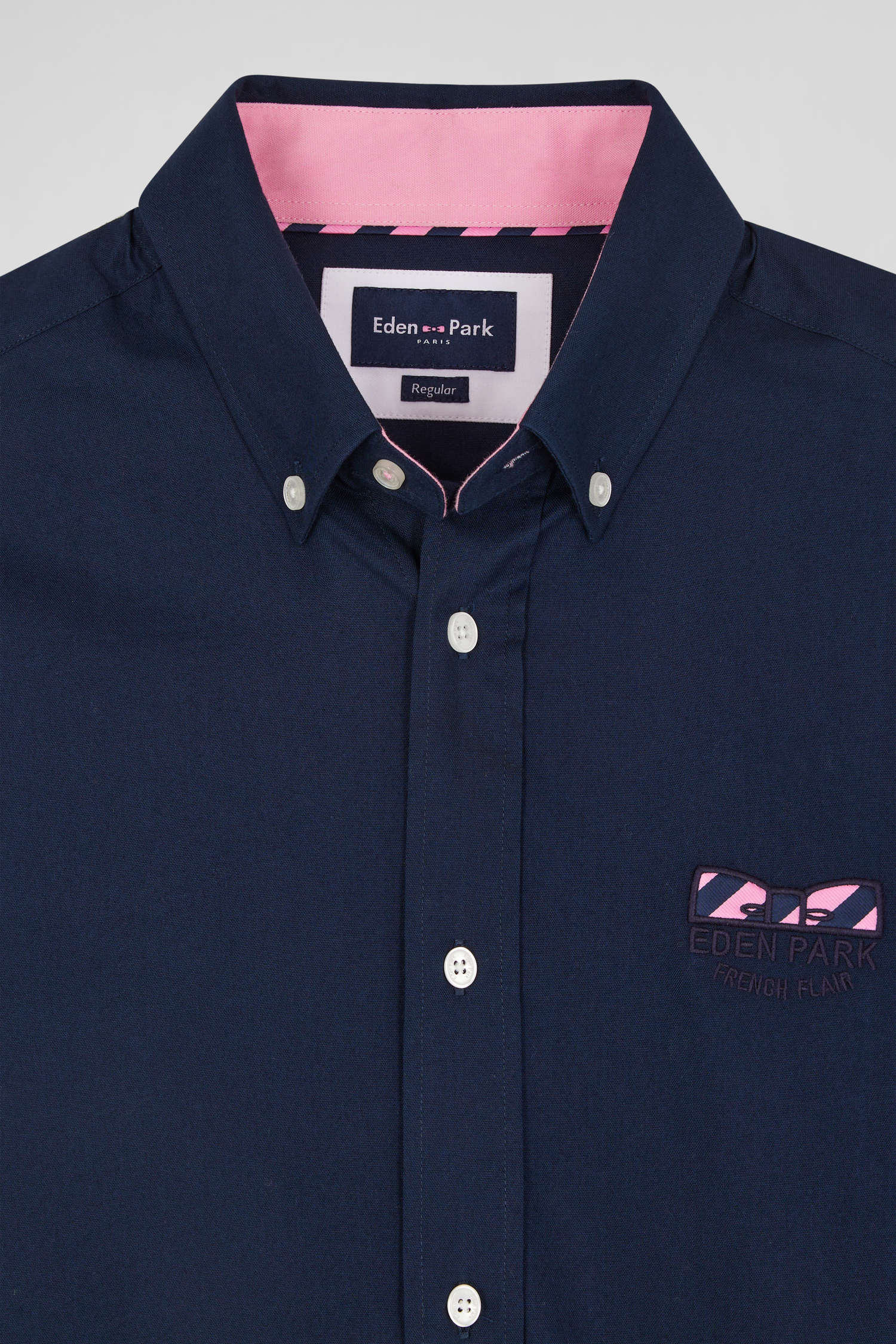 Regular navy blue cotton poplin short-sleeved shirt with microprint