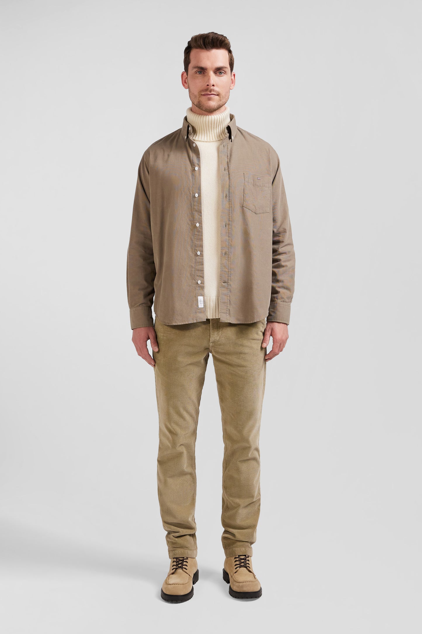 Regular plain beige cotton shirt with button-down collar and chest pocket