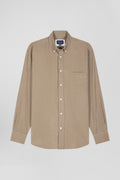 Regular plain beige cotton shirt with button-down collar and chest pocket