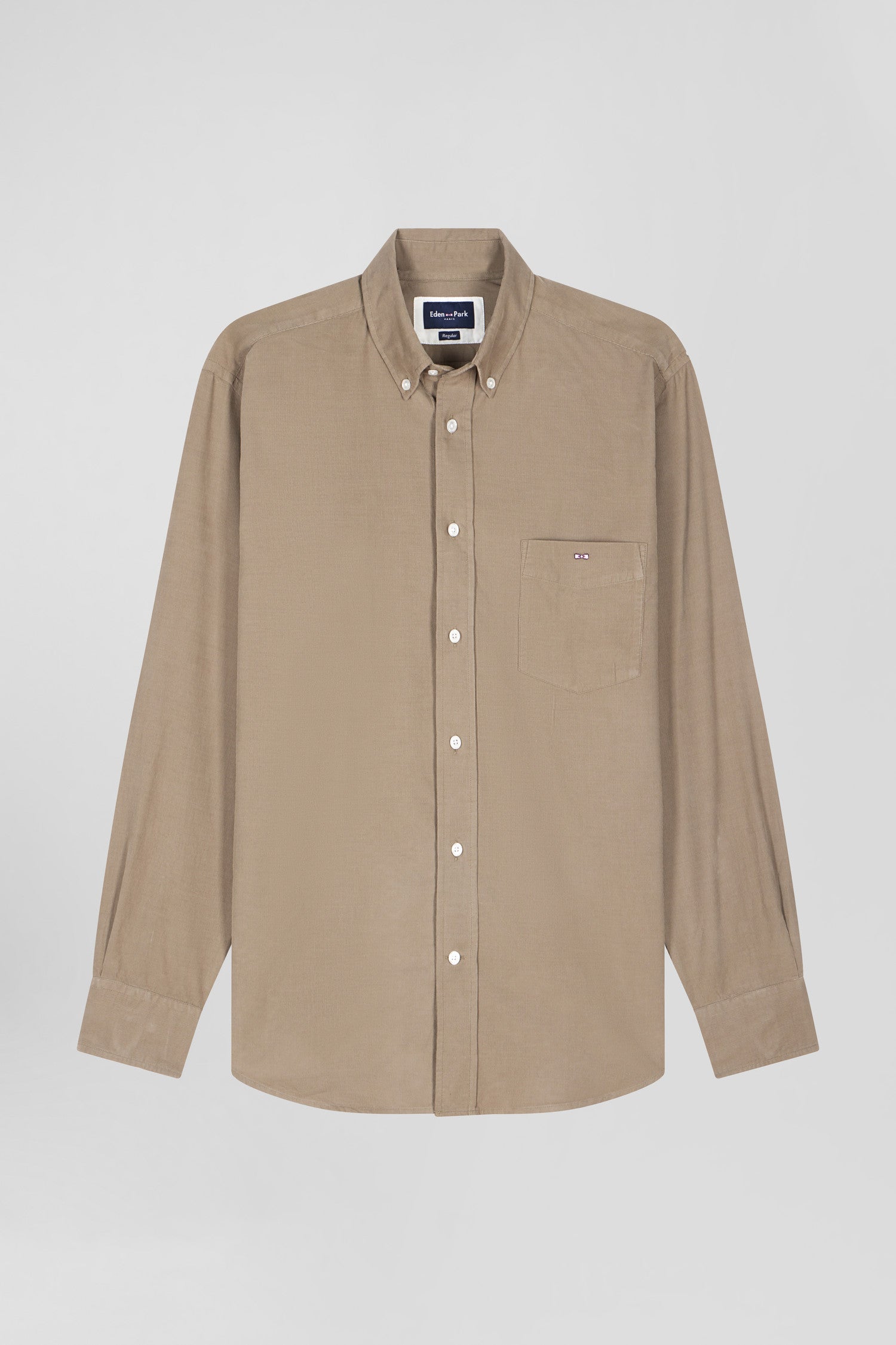 Regular plain beige cotton shirt with button-down collar and chest pocket