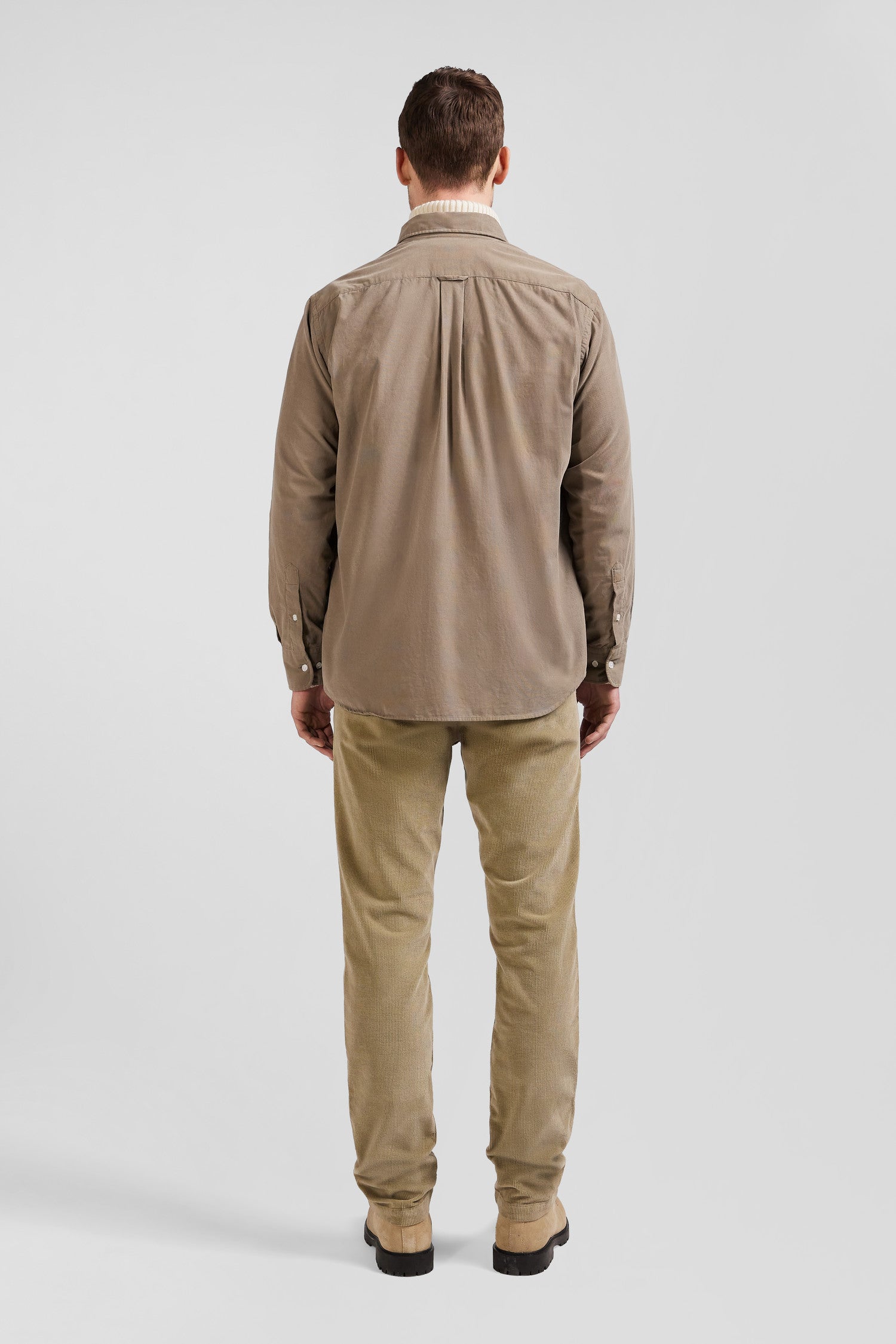 Regular plain beige cotton shirt with button-down collar and chest pocket