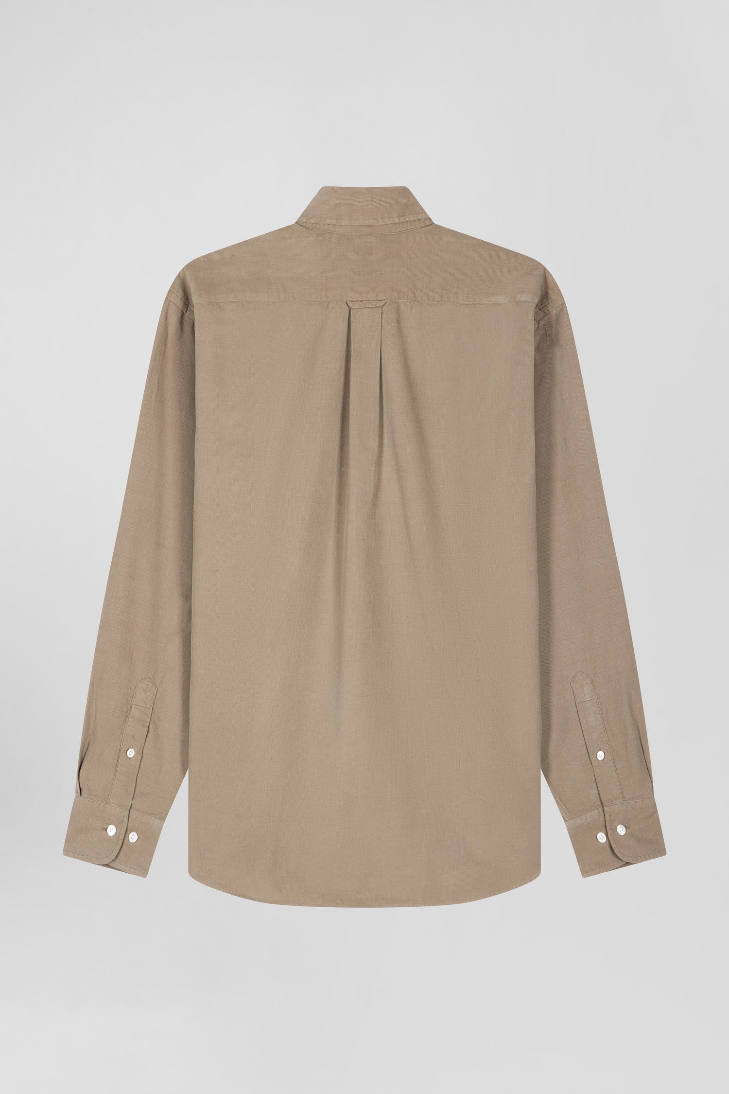 Regular plain beige cotton shirt with button-down collar and chest pocket