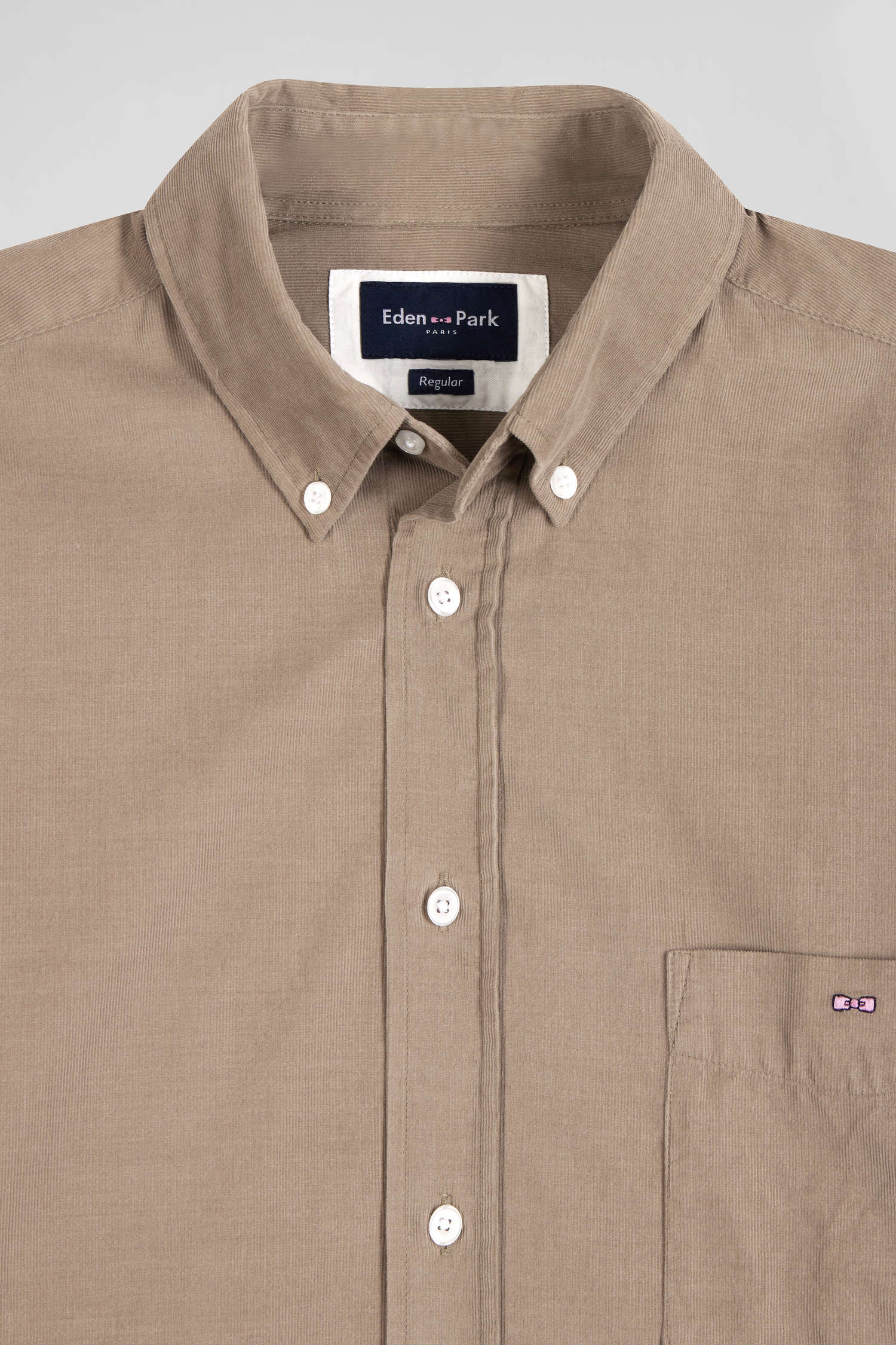 Regular plain beige cotton shirt with button-down collar and chest pocket