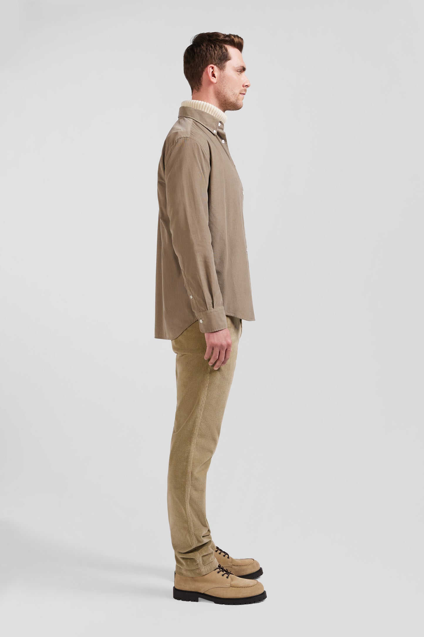 Regular plain beige cotton shirt with button-down collar and chest pocket