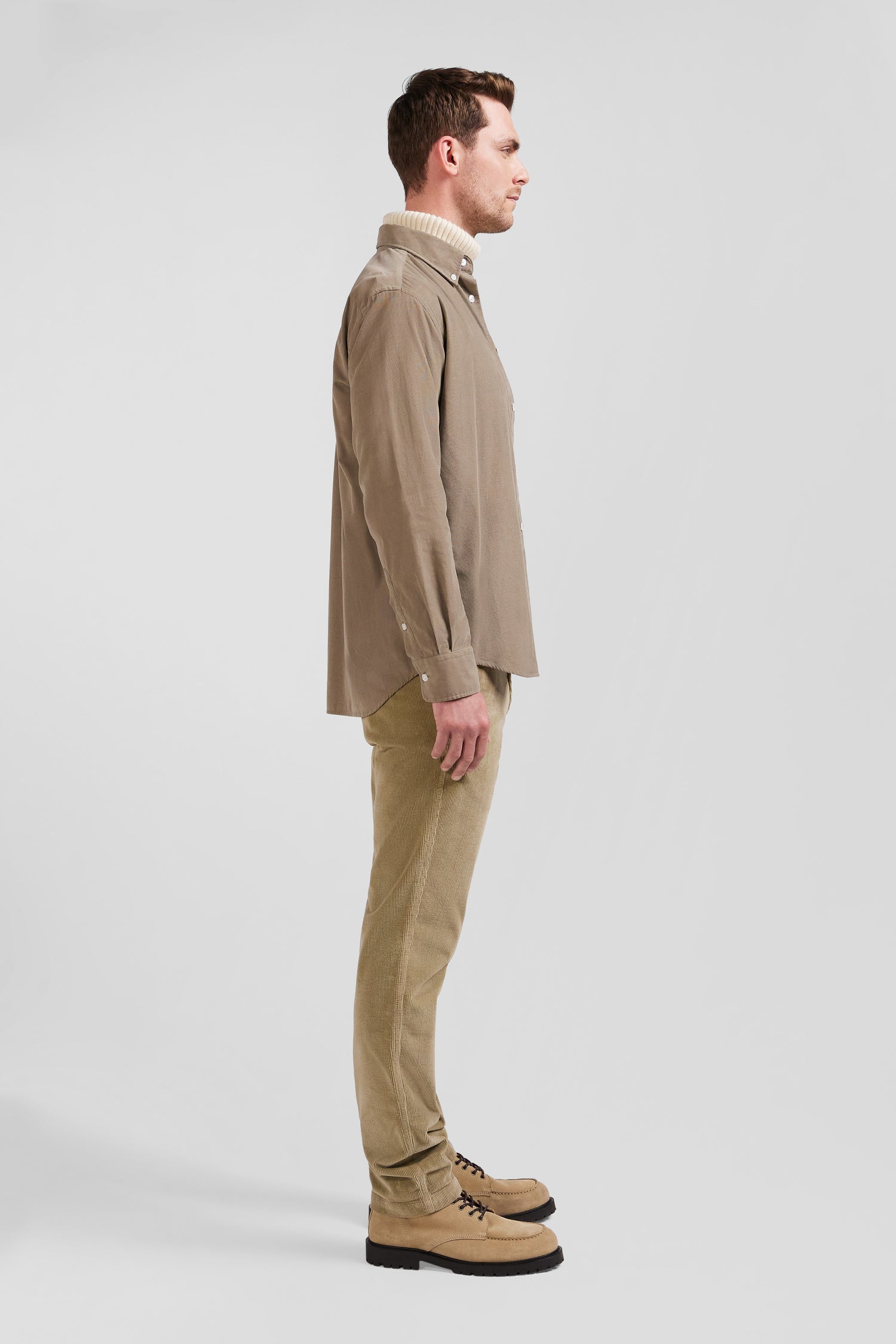 Regular plain beige cotton shirt with button-down collar and chest pocket