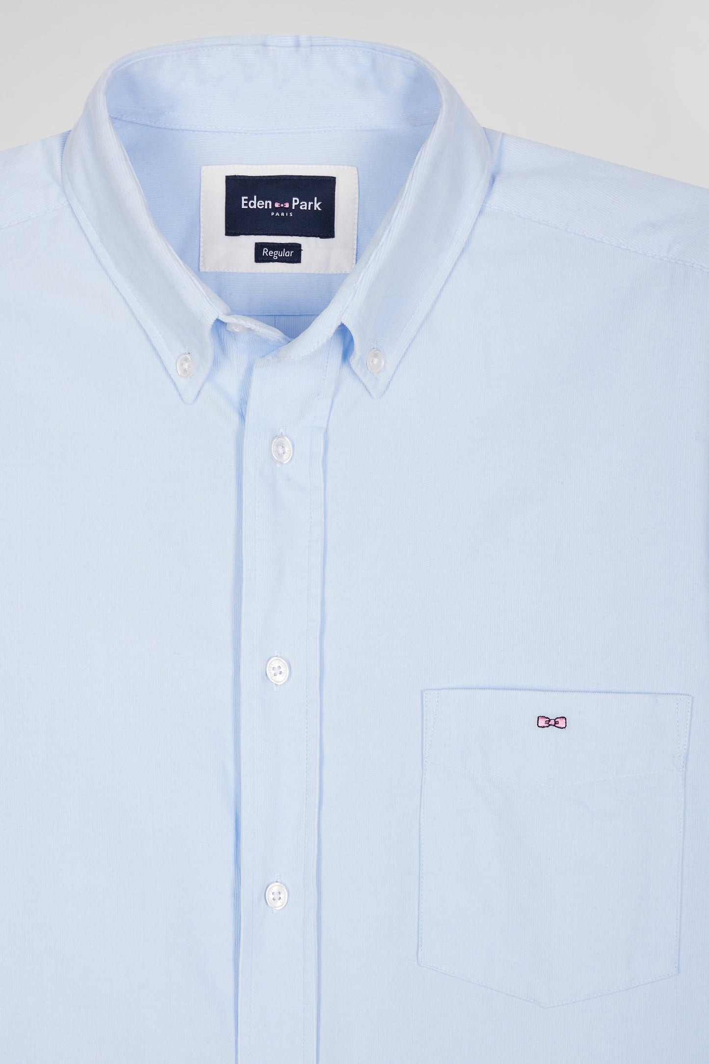 Regular plain sky blue cotton shirt with button-down collar and chest pocket