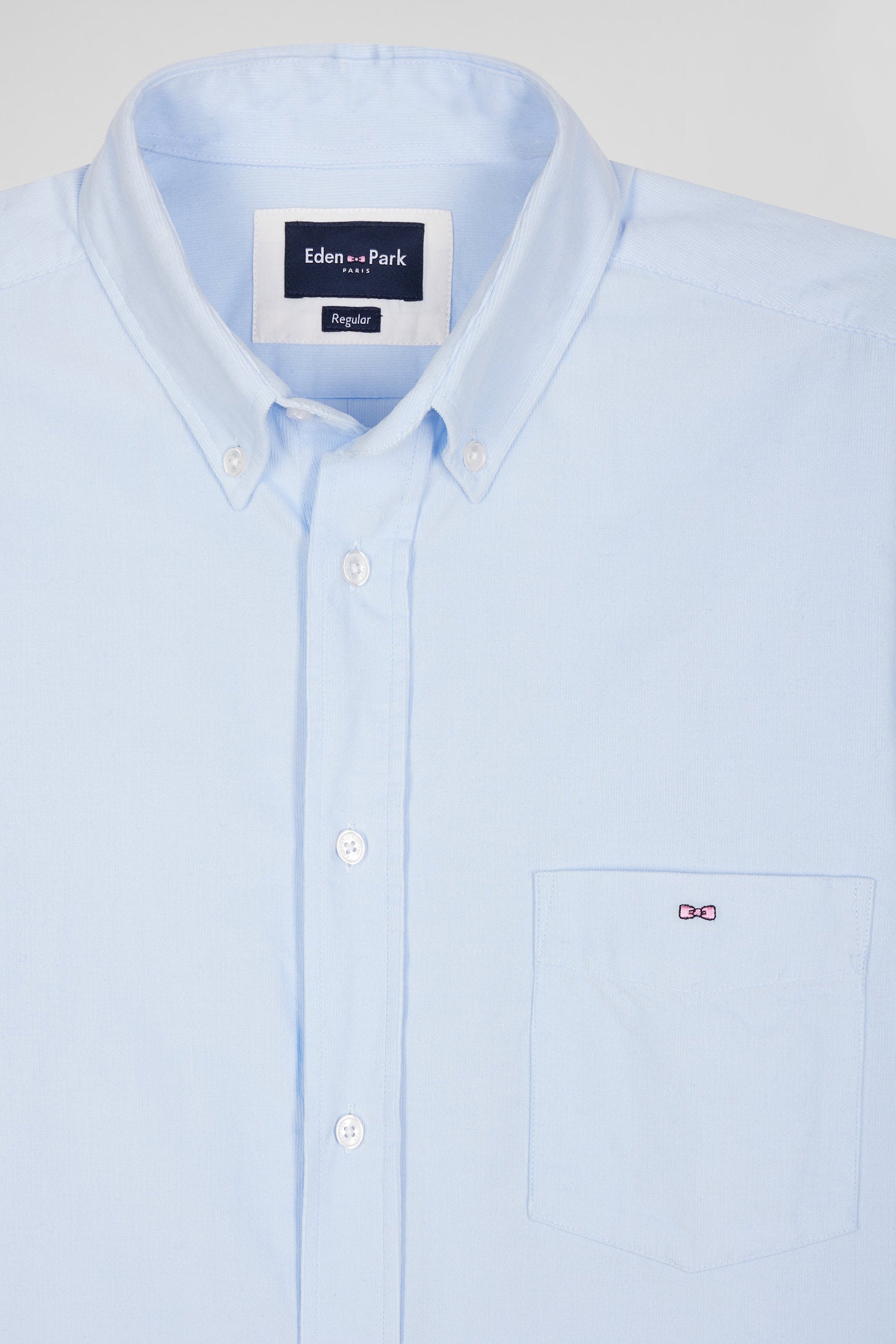 Regular plain sky blue cotton shirt with button-down collar and chest pocket