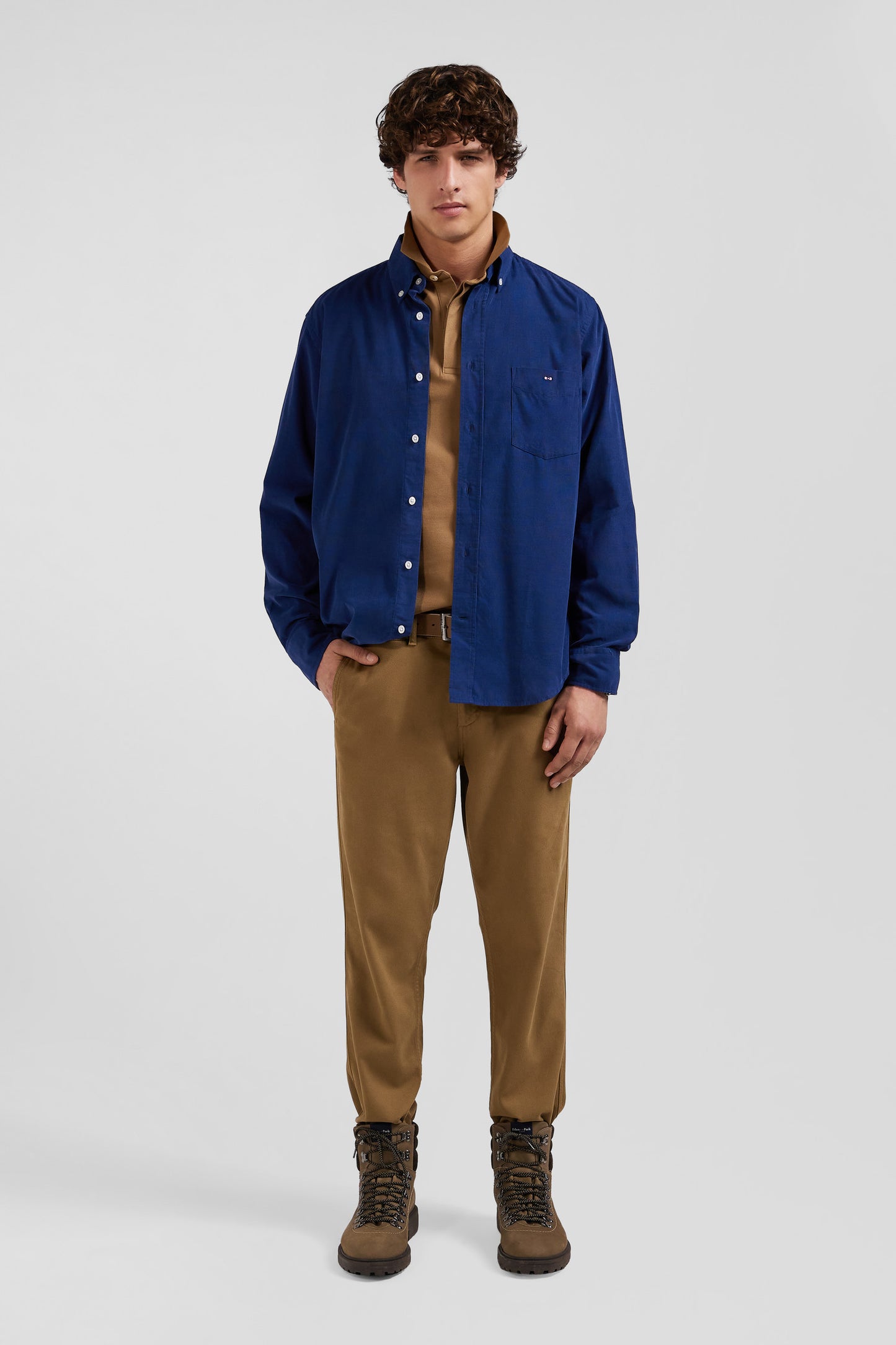 Regular plain indigo blue cotton shirt with button-down collar and chest pocket