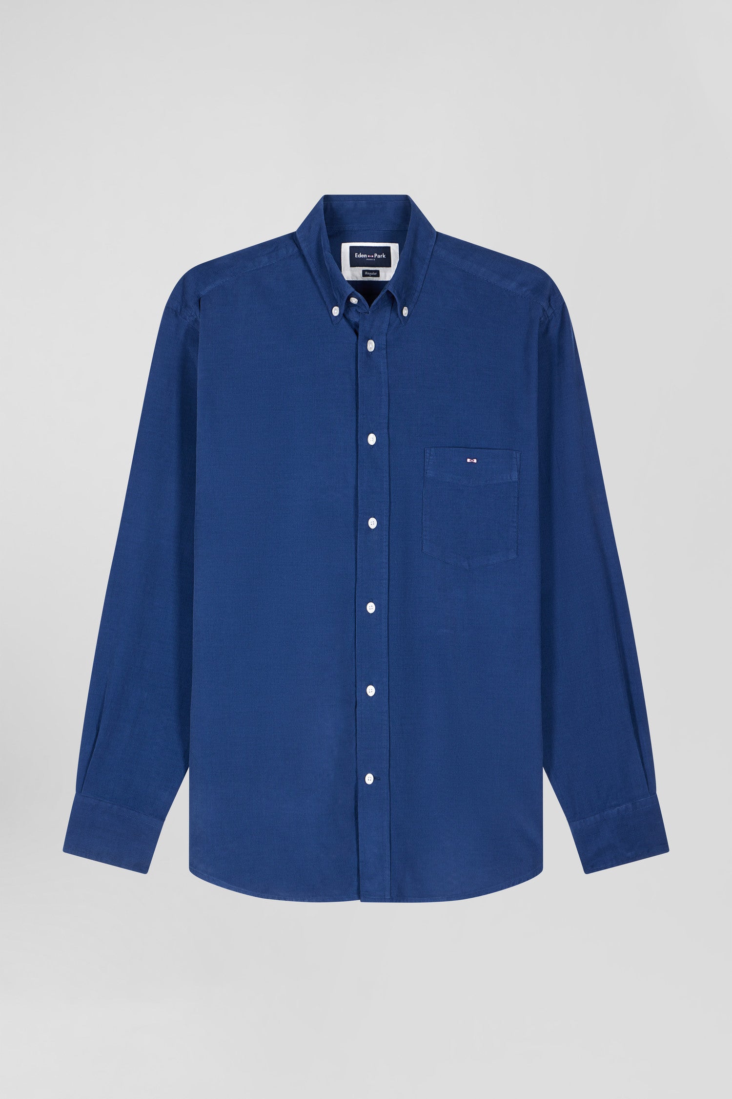 Regular plain indigo blue cotton shirt with button-down collar and chest pocket