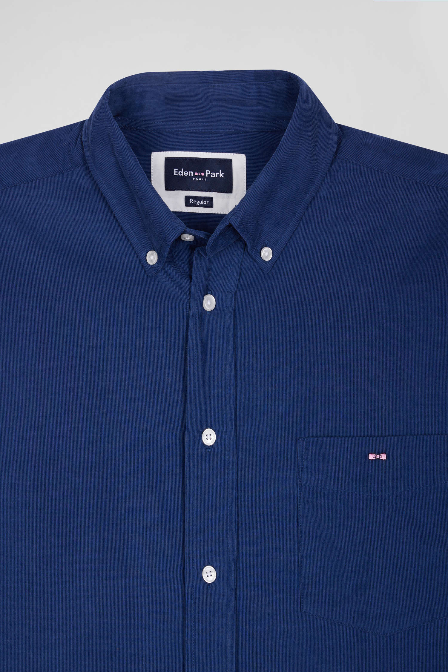 Regular plain indigo blue cotton shirt with button-down collar and chest pocket