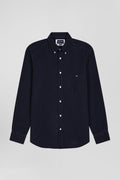 Regular plain navy blue cotton shirt with button-down collar and chest pocket