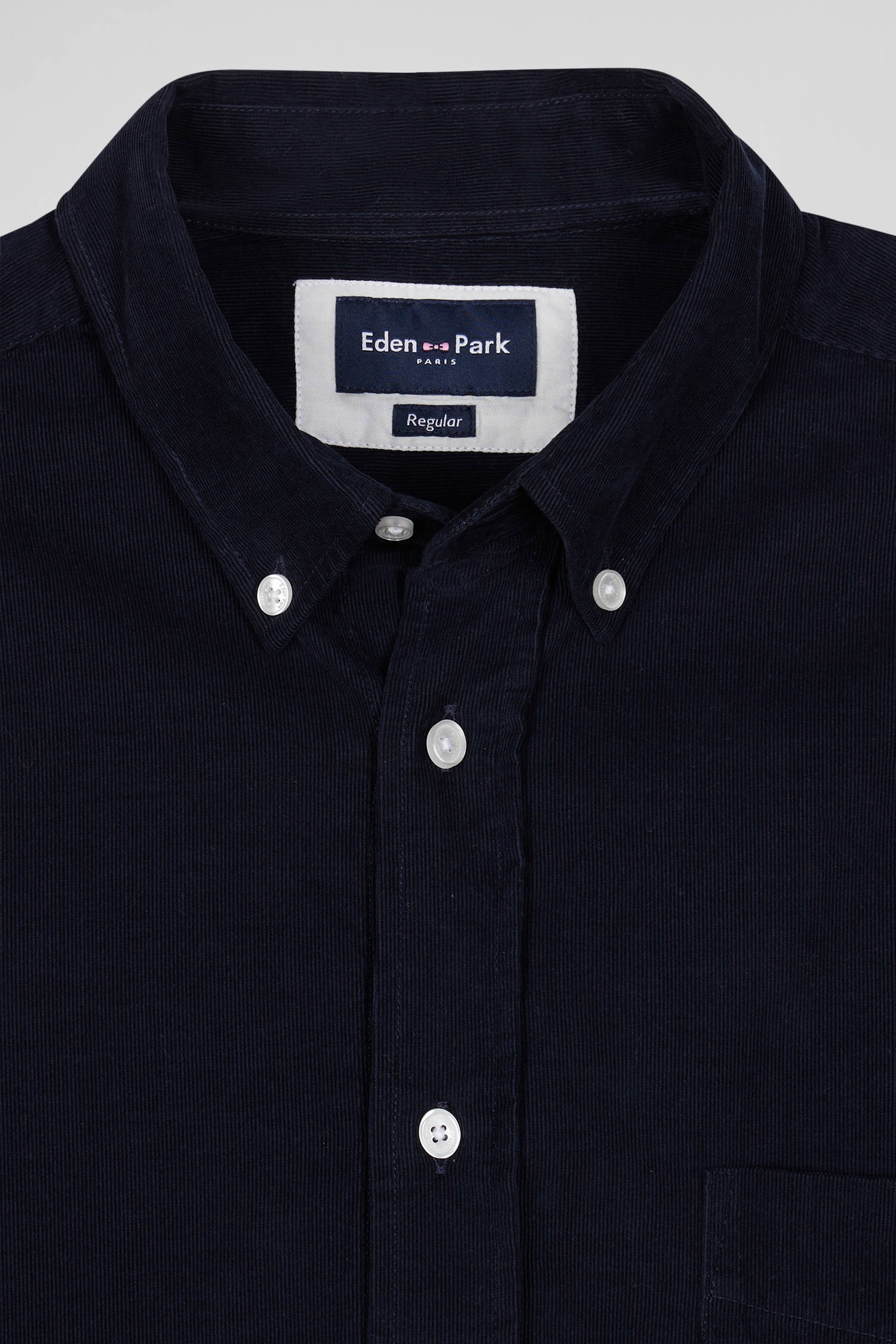 Regular plain navy blue cotton shirt with button-down collar and chest pocket