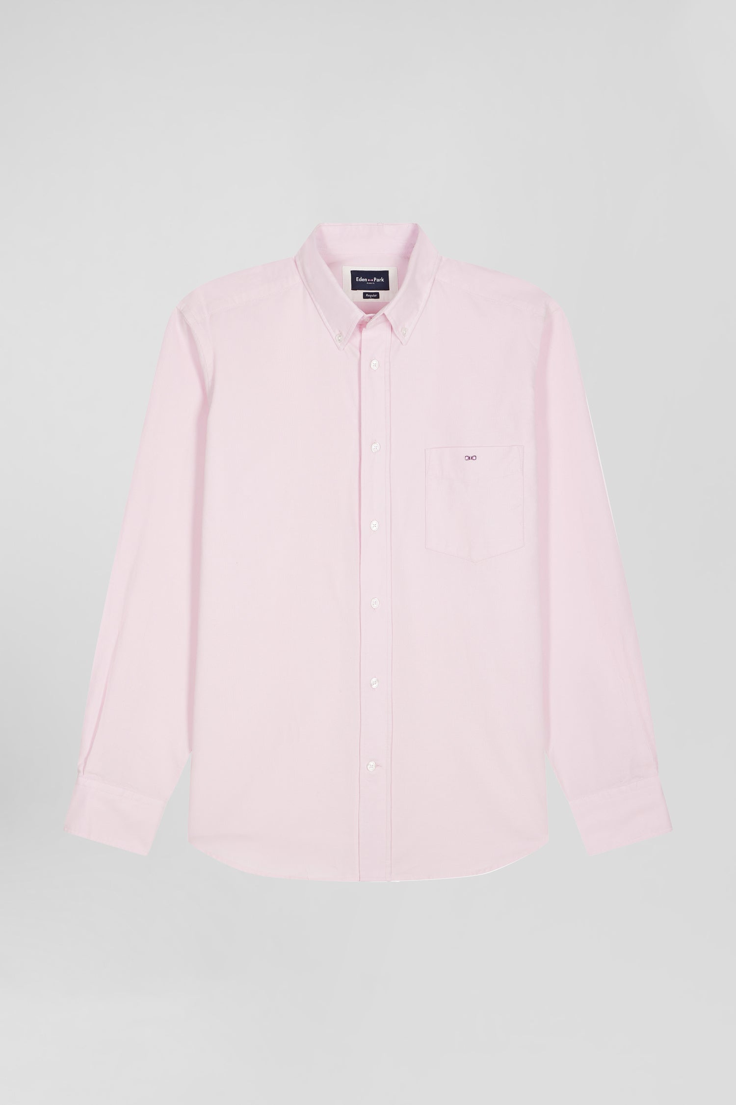 Regular plain pink cotton shirt with button-down collar and chest pocket