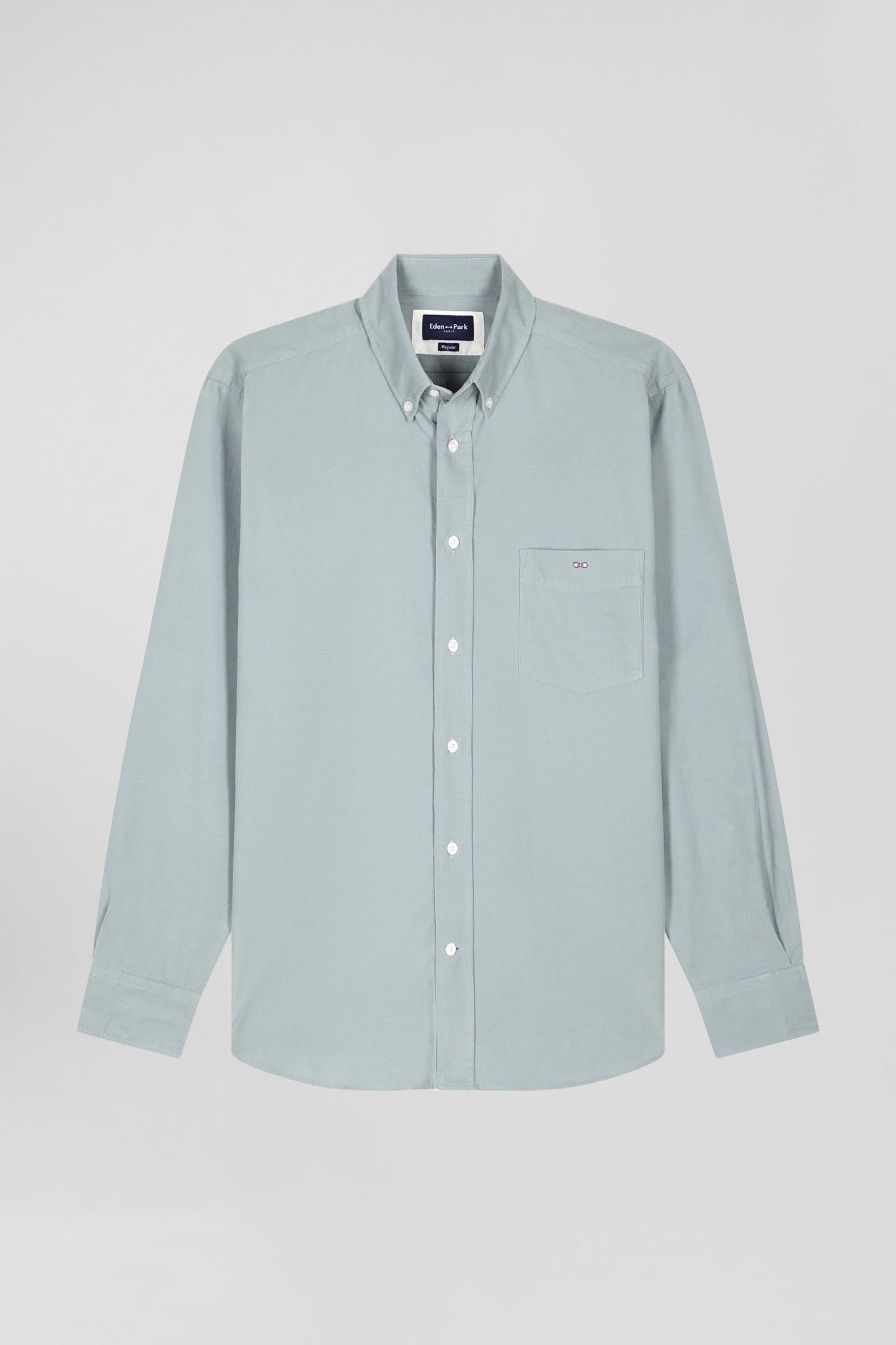 Regular plain aqua green cotton shirt with button-down collar and chest pocket