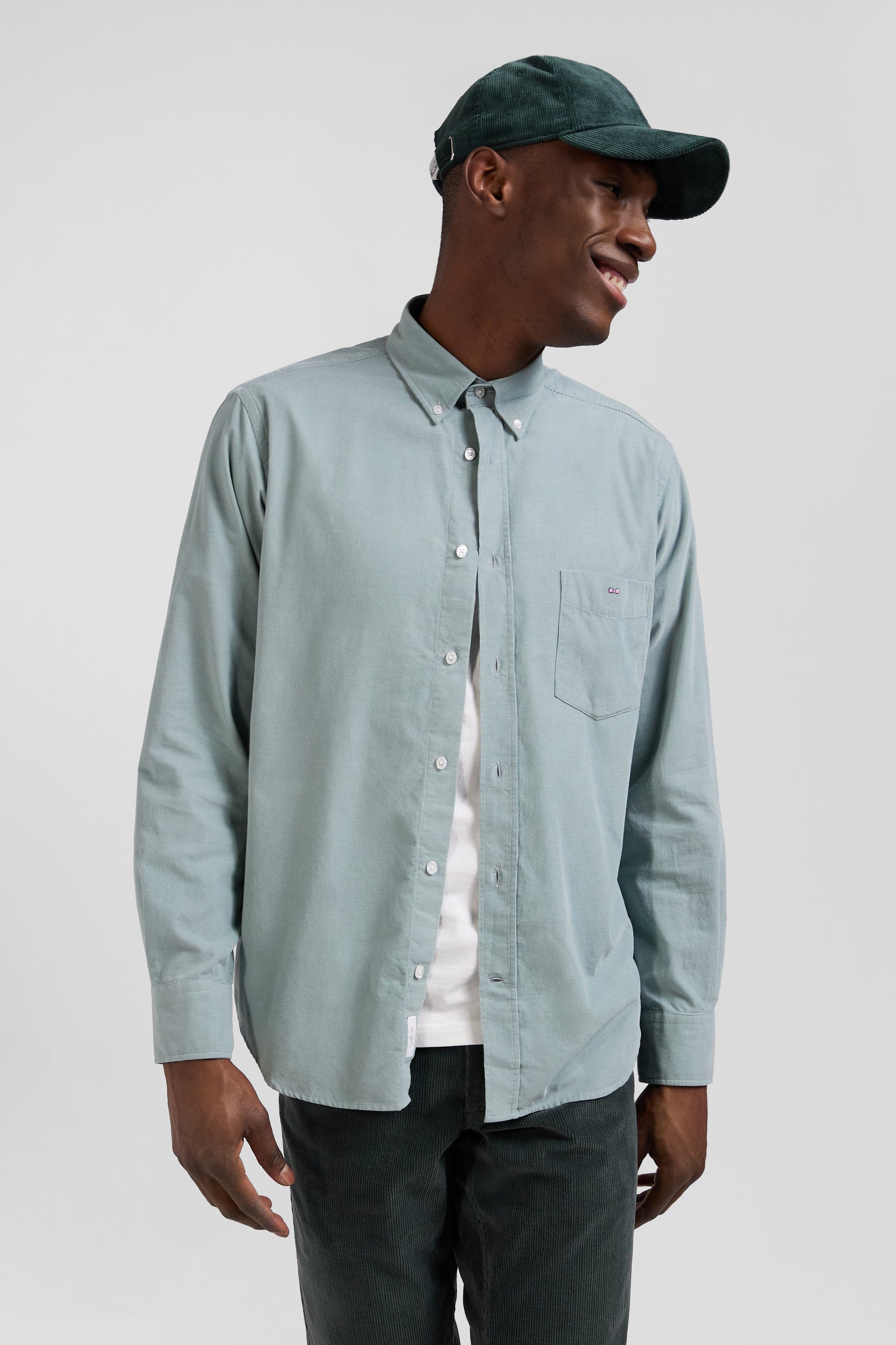 Regular plain aqua green cotton shirt with button-down collar and chest pocket