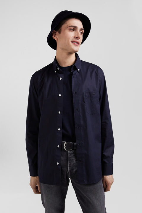 Regular navy blue cotton poplin shirt with button-down collar and printed elbow patches - Image 3