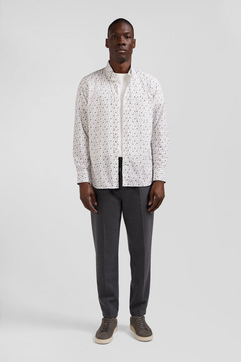 Regular ecru cotton poplin shirt with micro floral print - Image 1