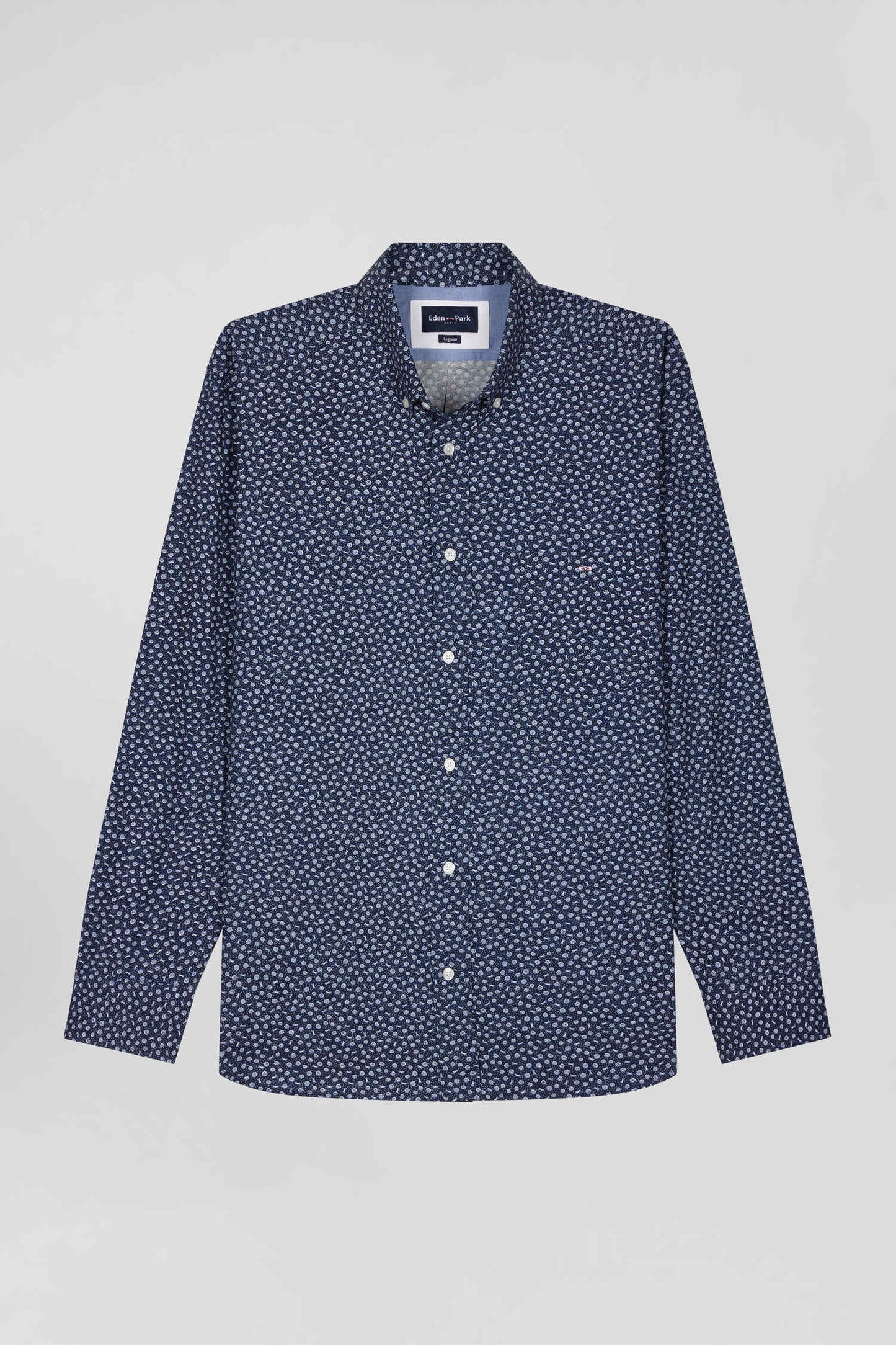 Regular navy cotton poplin shirt with micro floral print