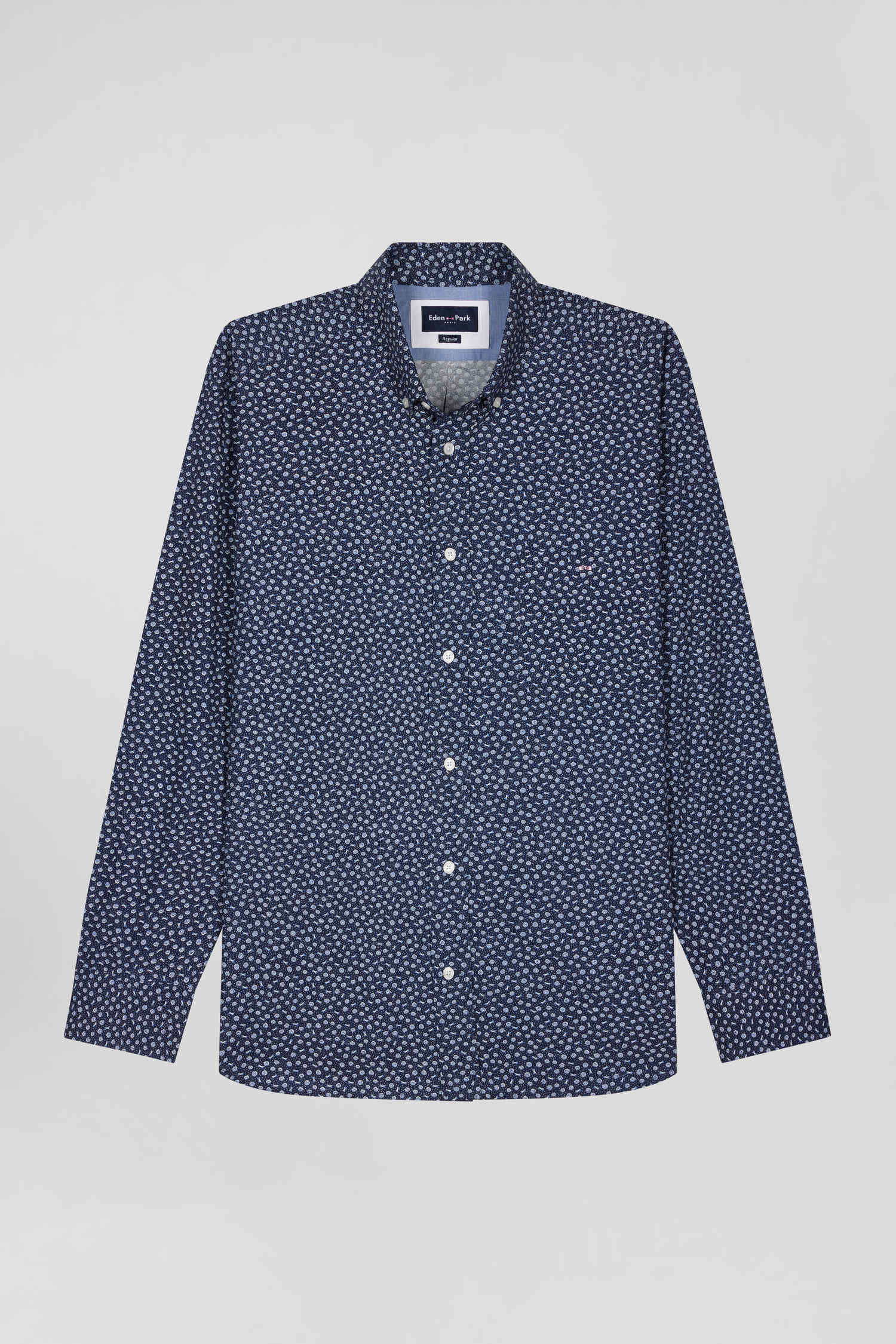 Regular navy cotton poplin shirt with micro floral print