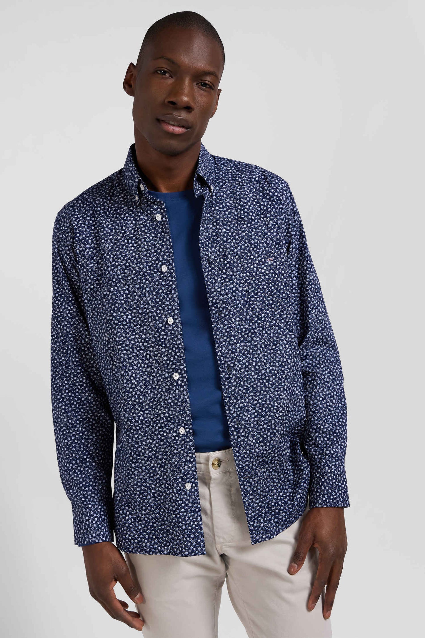 Regular navy cotton poplin shirt with micro floral print