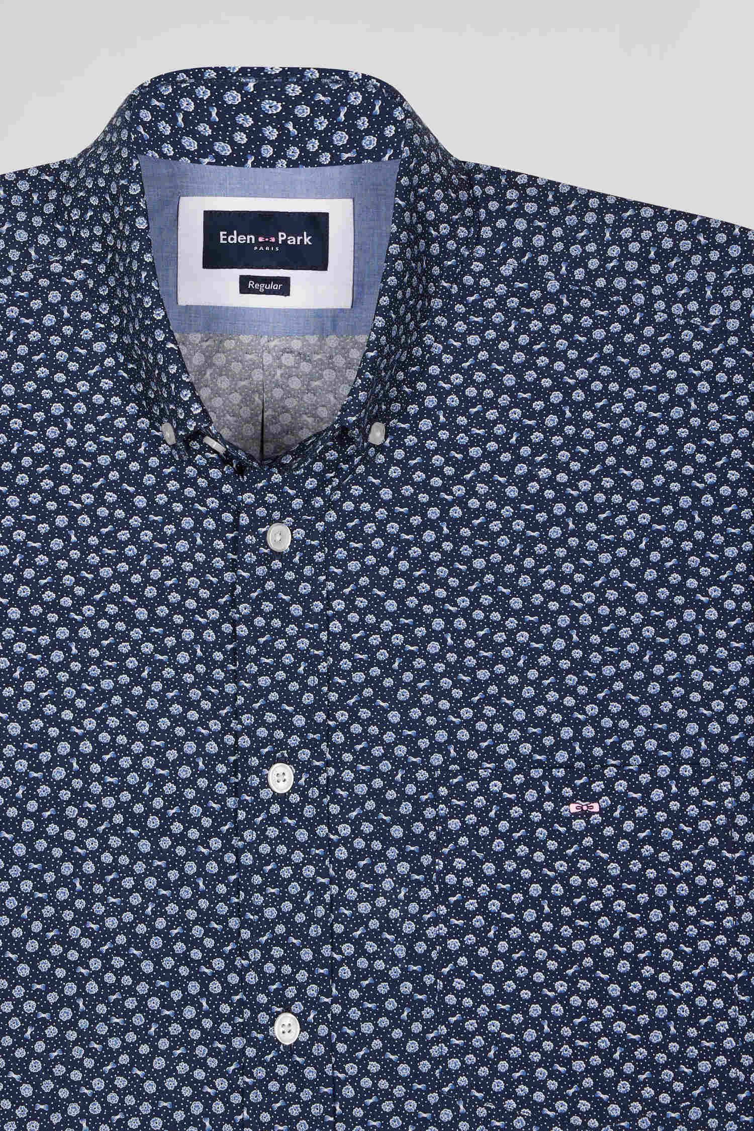 Regular navy cotton poplin shirt with micro floral print