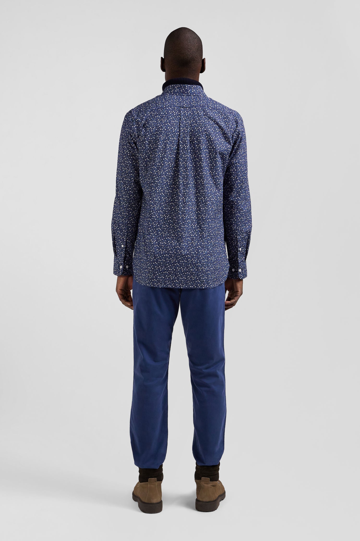 Regular indigo cotton shirt with microprint