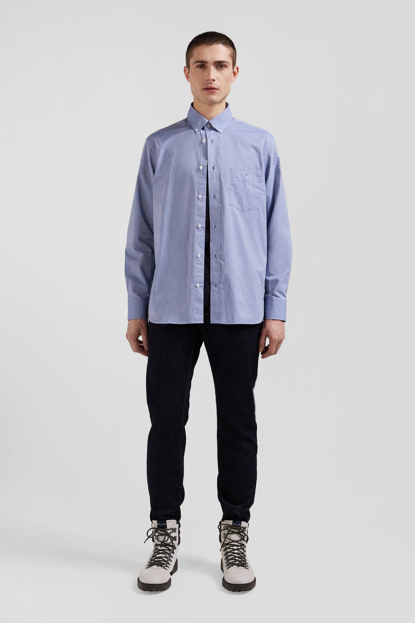 Regular sky blue cotton denim shirt with printed elbow patches