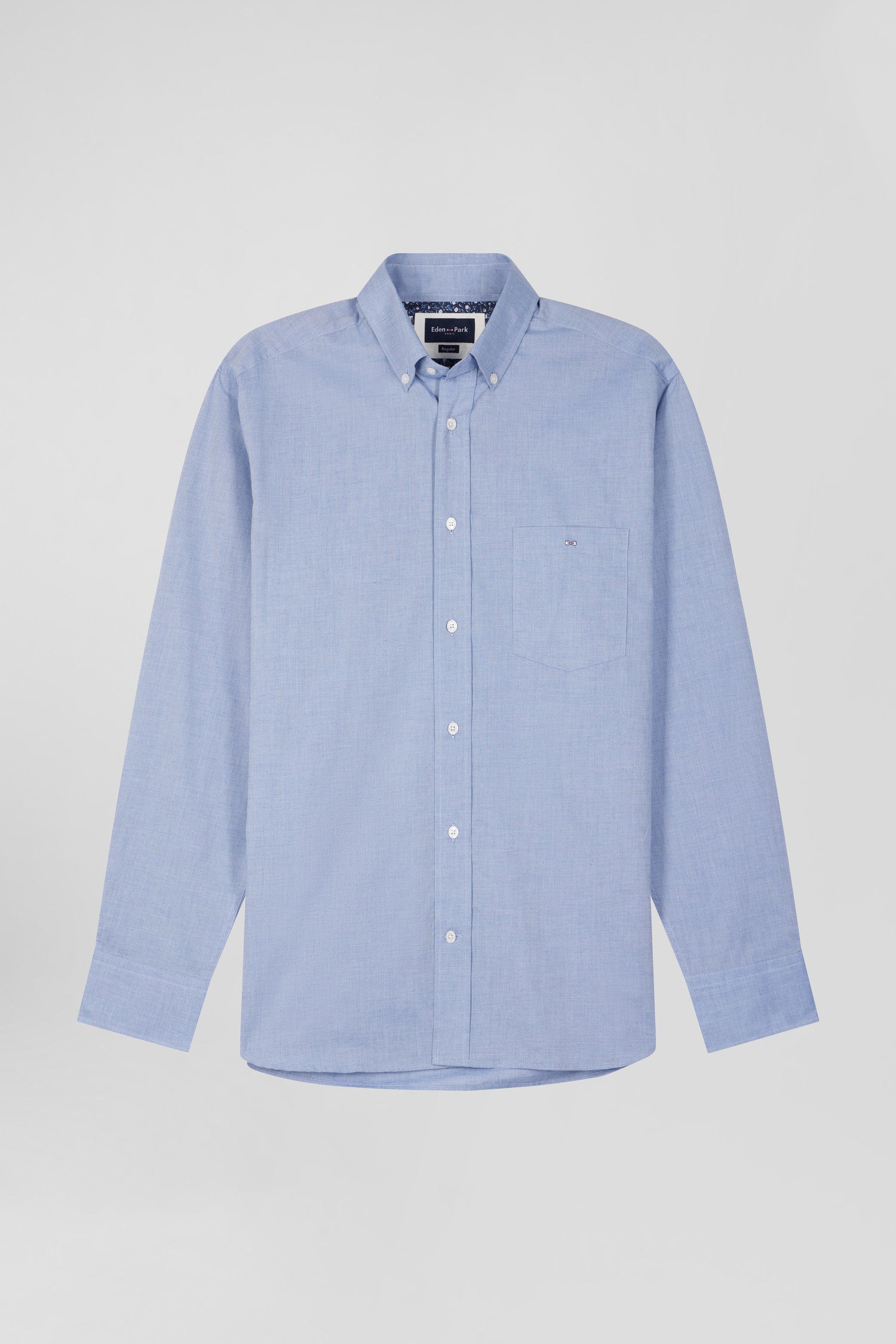 Regular sky blue cotton denim shirt with printed elbow patches