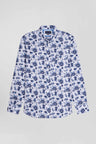 Regular white cotton twill shirt with blue floral print