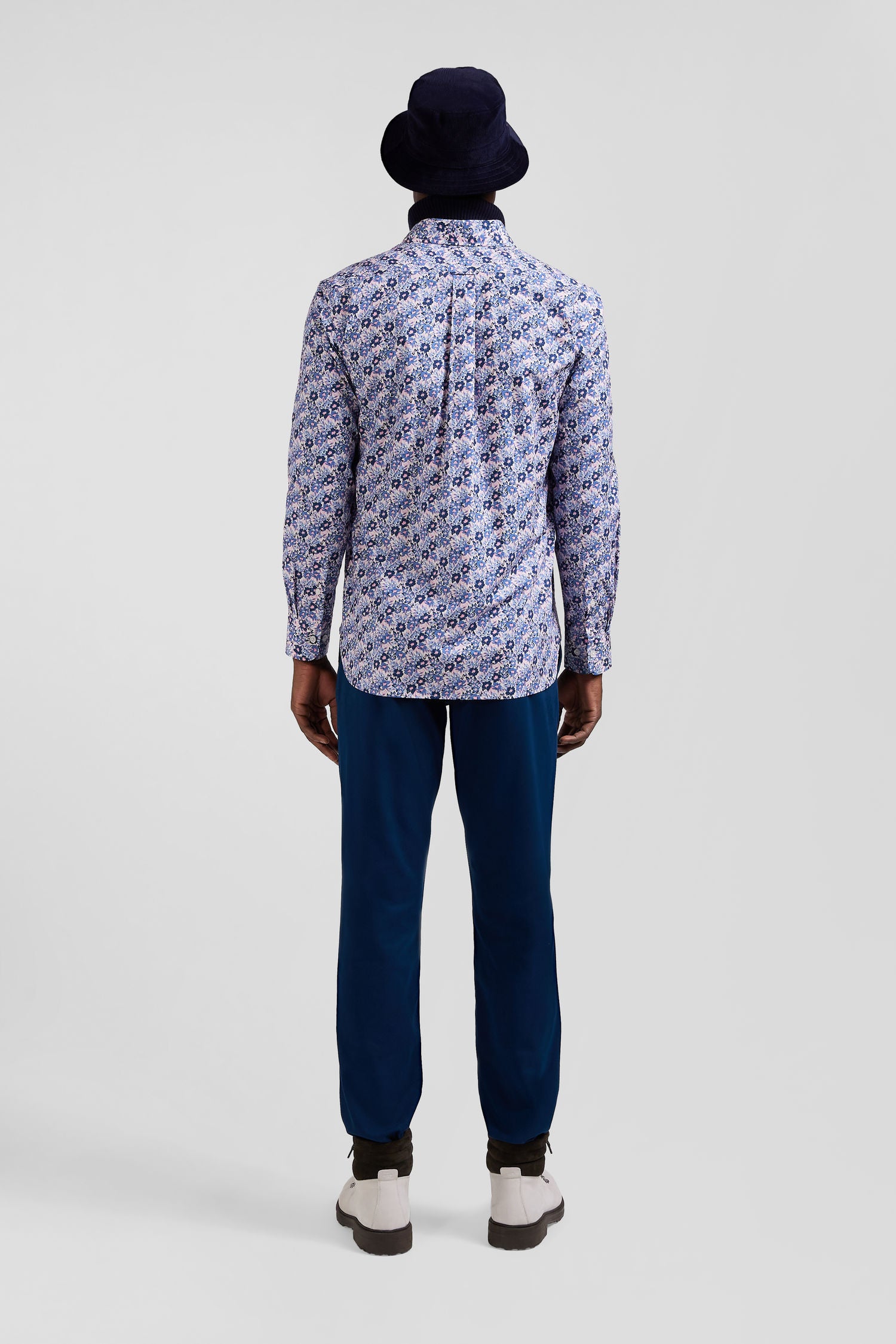 Regular blue cotton poplin shirt with floral print