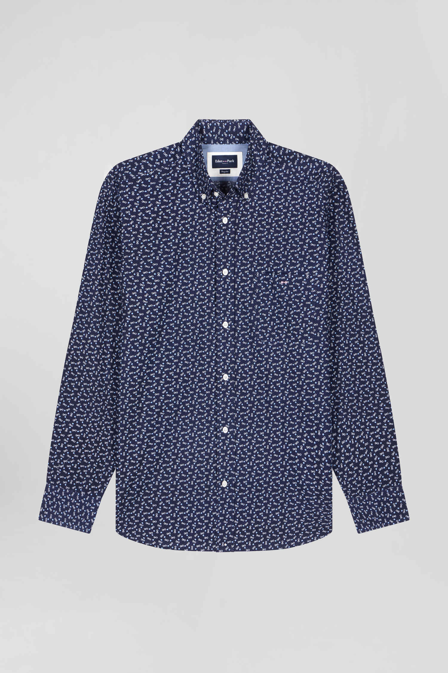 Regular navy blue cotton poplin shirt with micro bow tie print