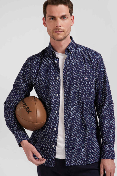 Regular navy blue cotton poplin shirt with micro bow tie print - Image 3