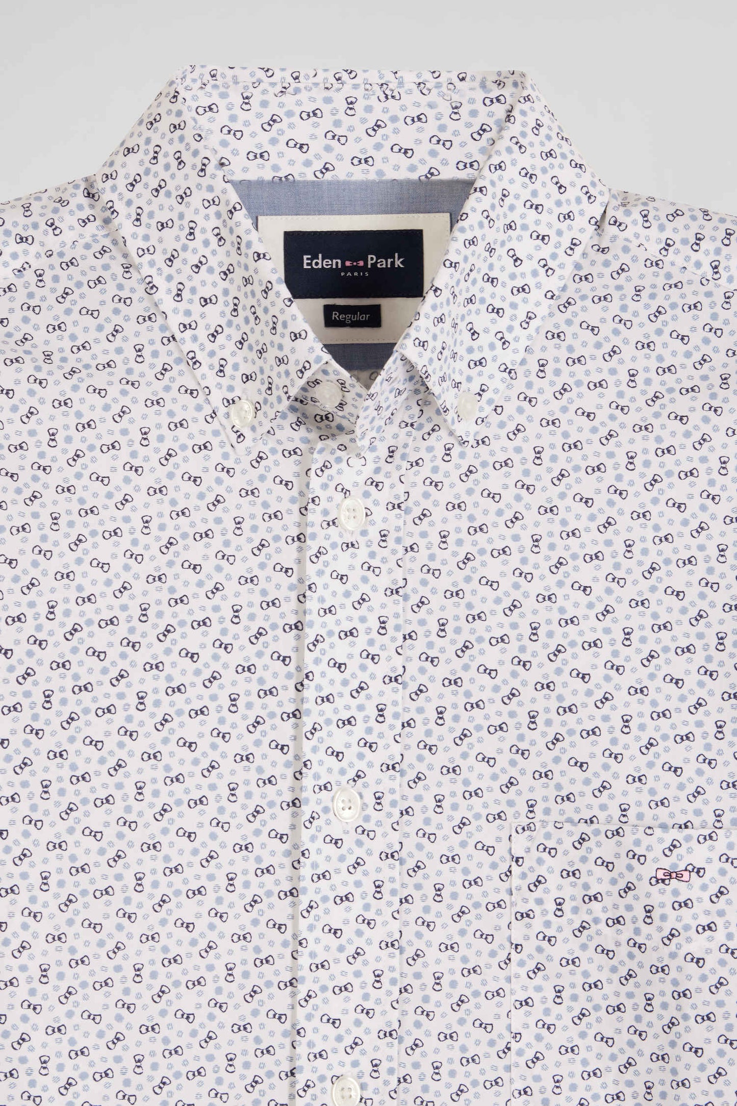 Regular ecru cotton poplin shirt with micro bow tie print