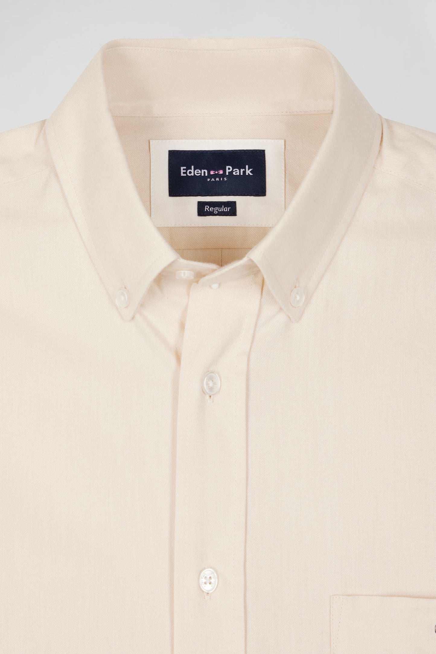 Regular plain beige cotton twill shirt with button-down collar