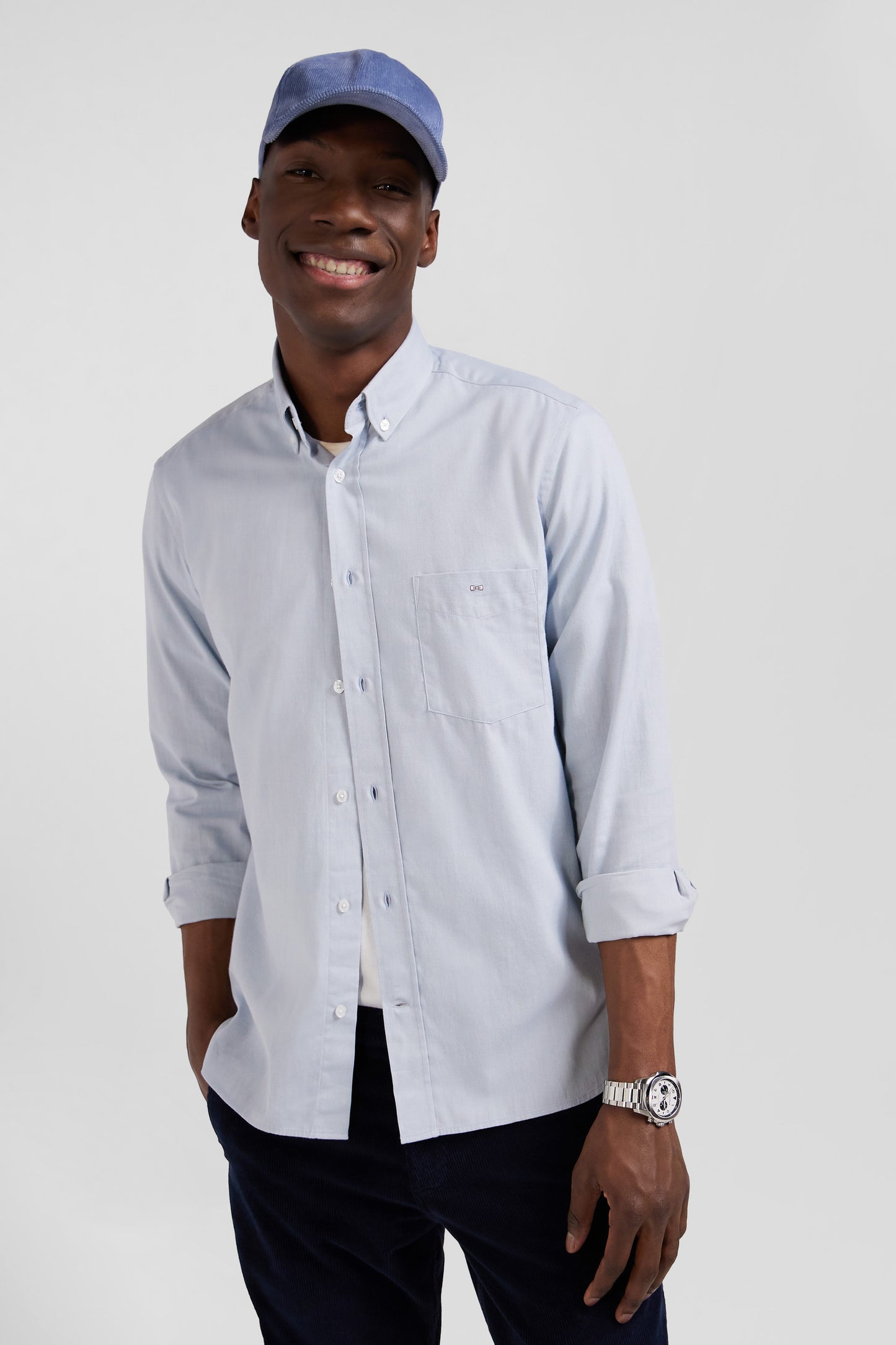 Regular plain sky blue cotton twill shirt with button-down collar