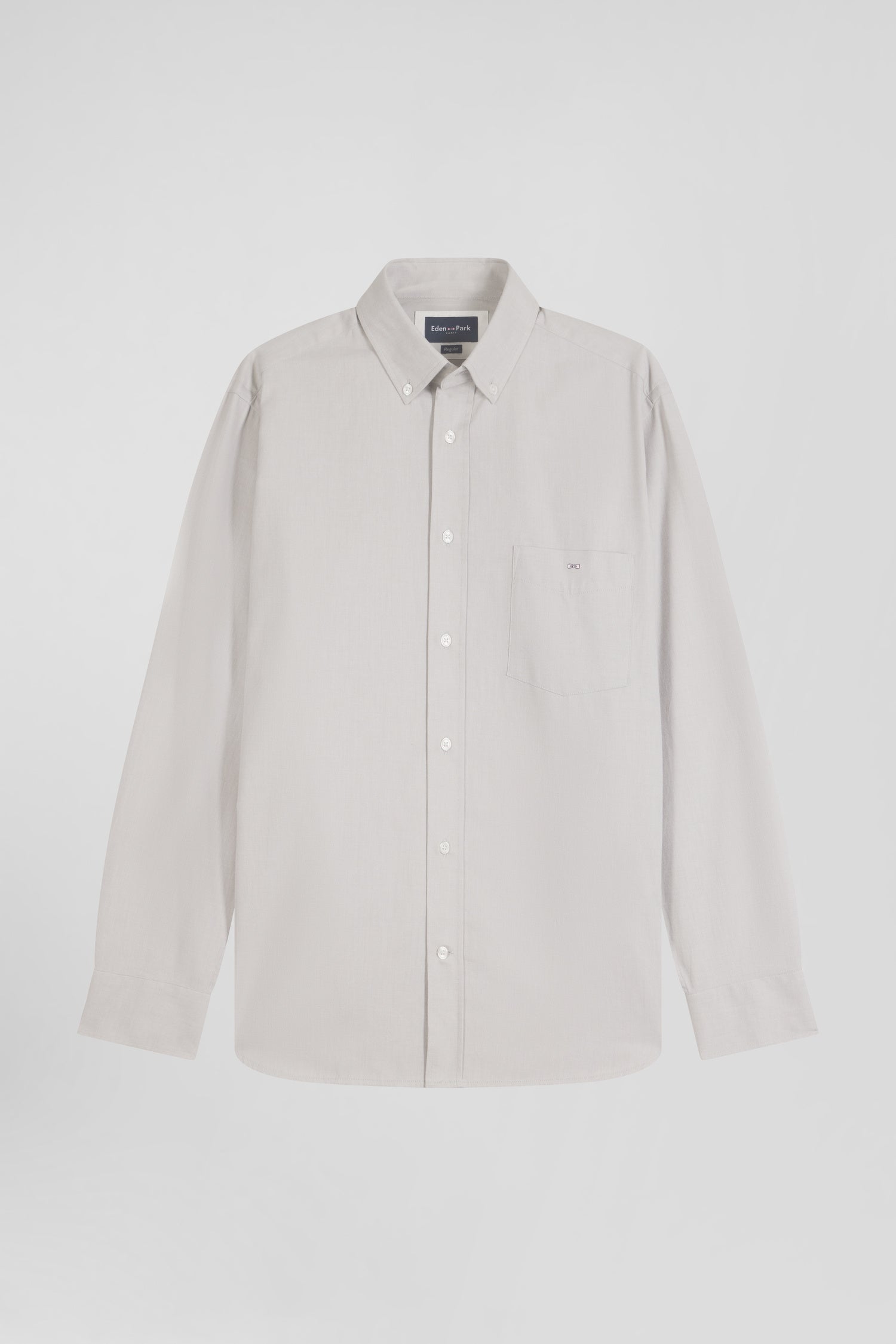 Regular plain grey cotton twill shirt with button-down collar