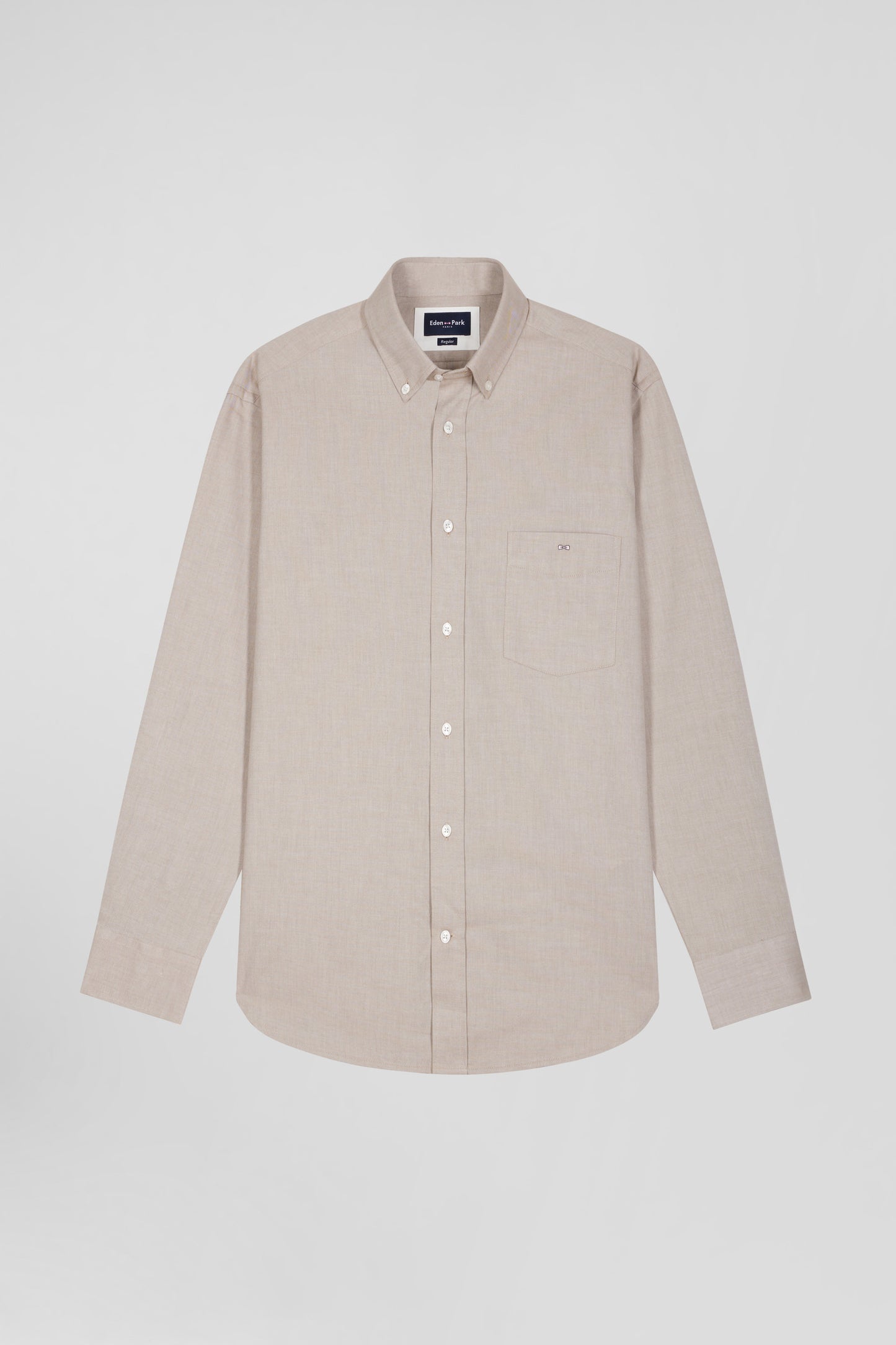 Regular plain brown cotton twill shirt with button-down collar