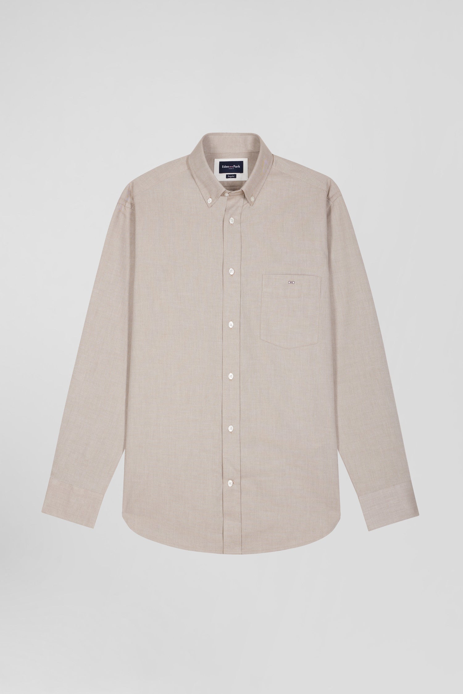 Regular plain brown cotton twill shirt with button-down collar