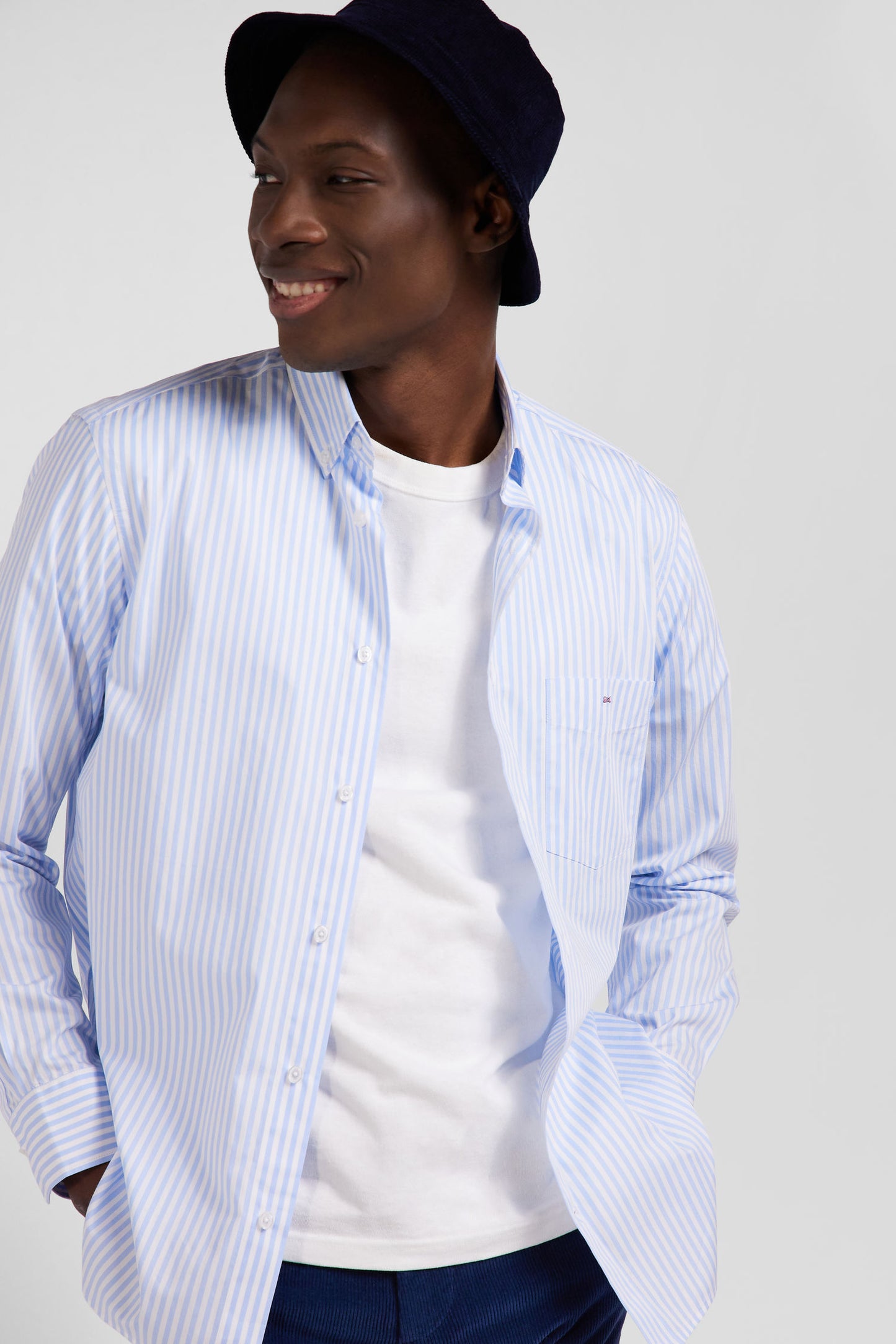 Regular sky blue striped cotton poplin shirt