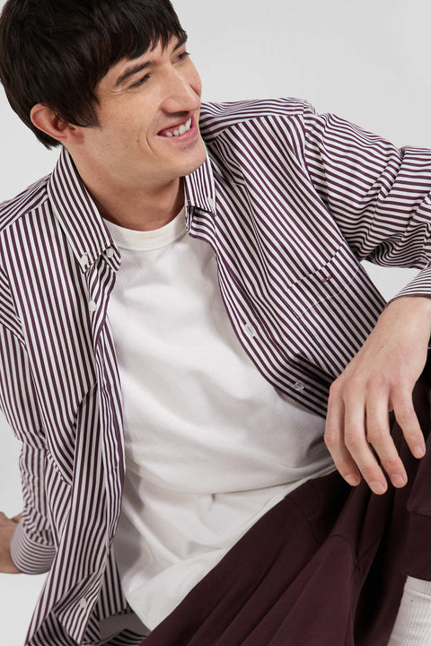 Burgundy striped cotton poplin shirt Regular fit - Image 3